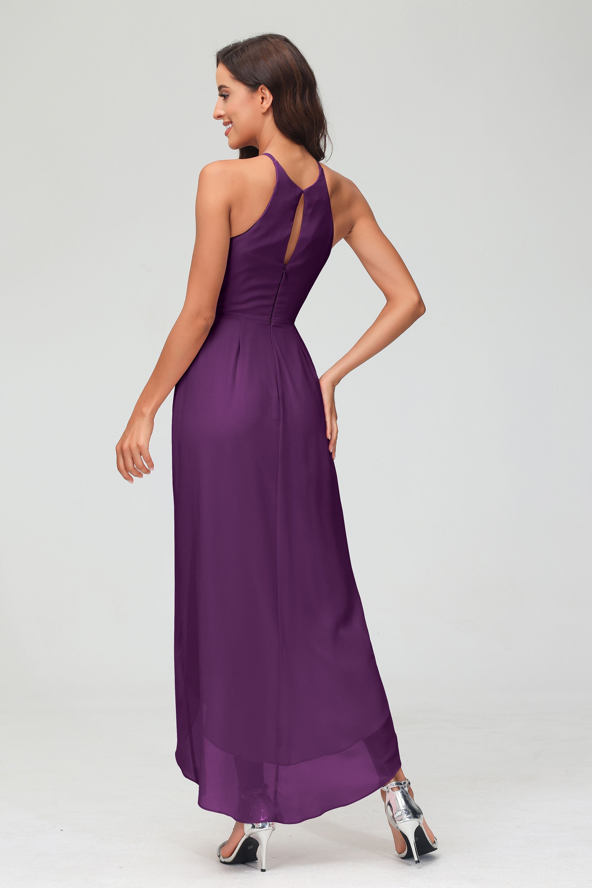 Simple Chiffon Asymmetrical Halter Wedding Party Dress Formal Evening Dresses Gowns
