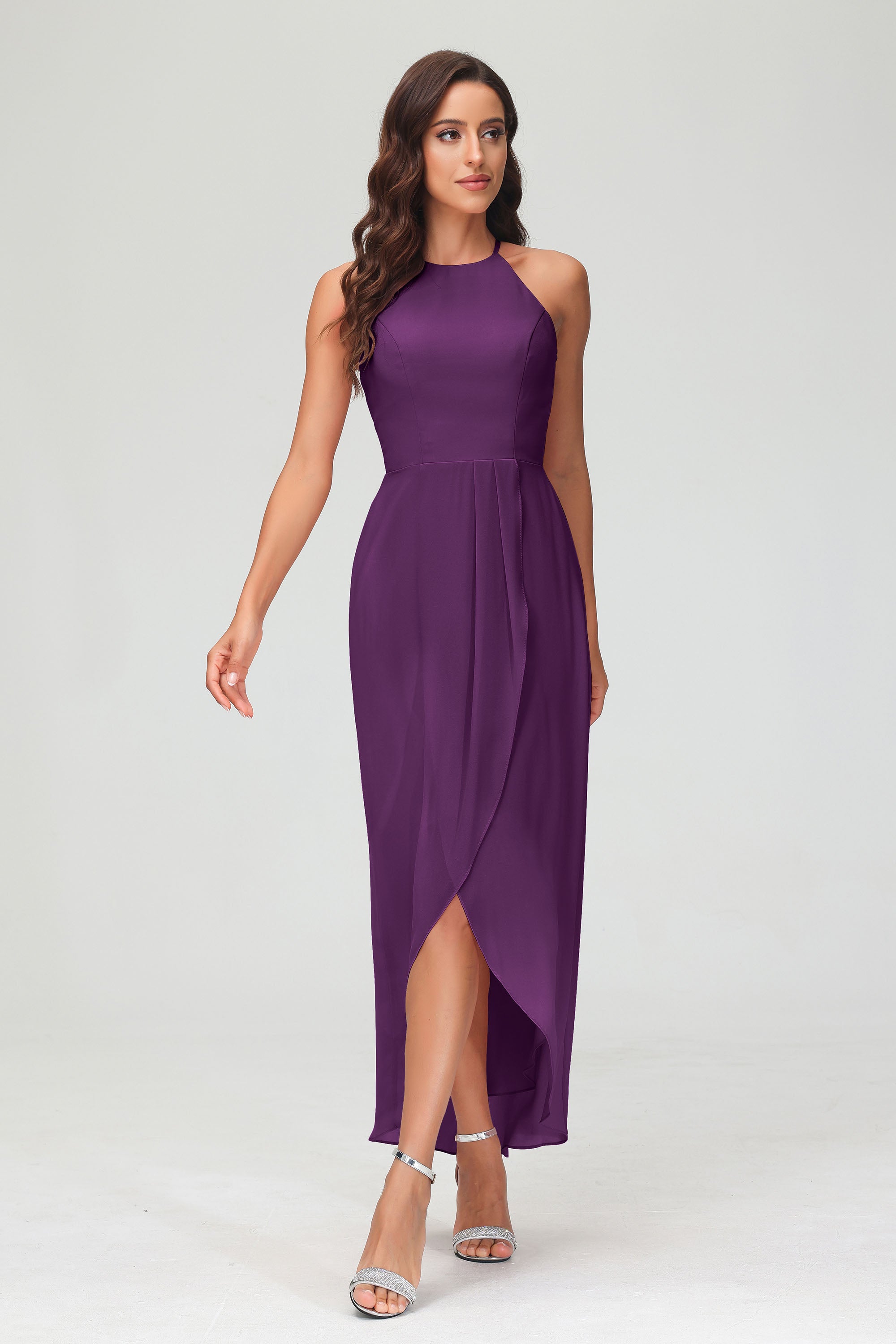 Simple Chiffon Asymmetrical Halter Wedding Party Dress Formal Evening Dresses Gowns