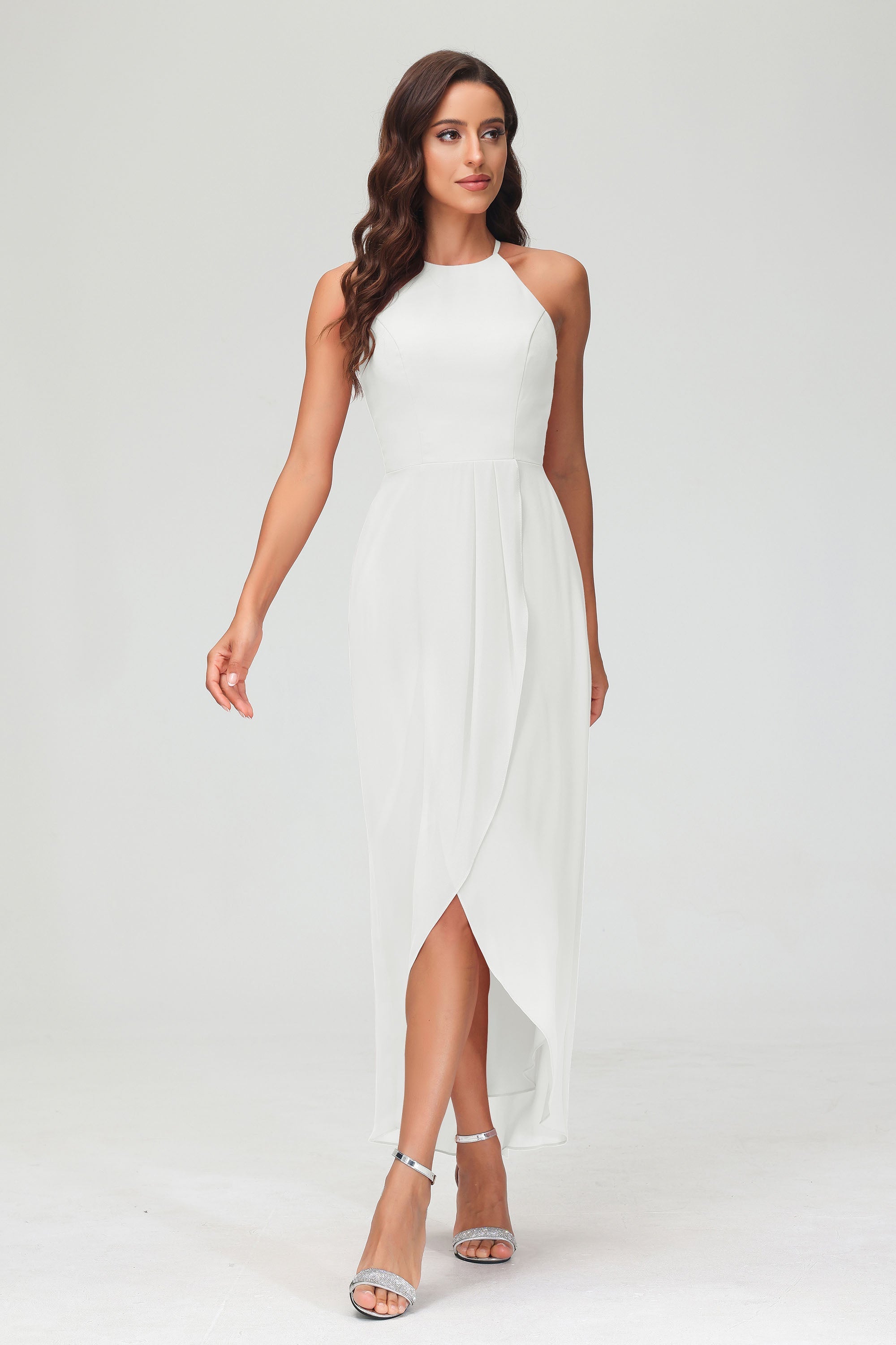 Simple Chiffon Asymmetrical Halter Wedding Party Dress Formal Evening Dresses Gowns