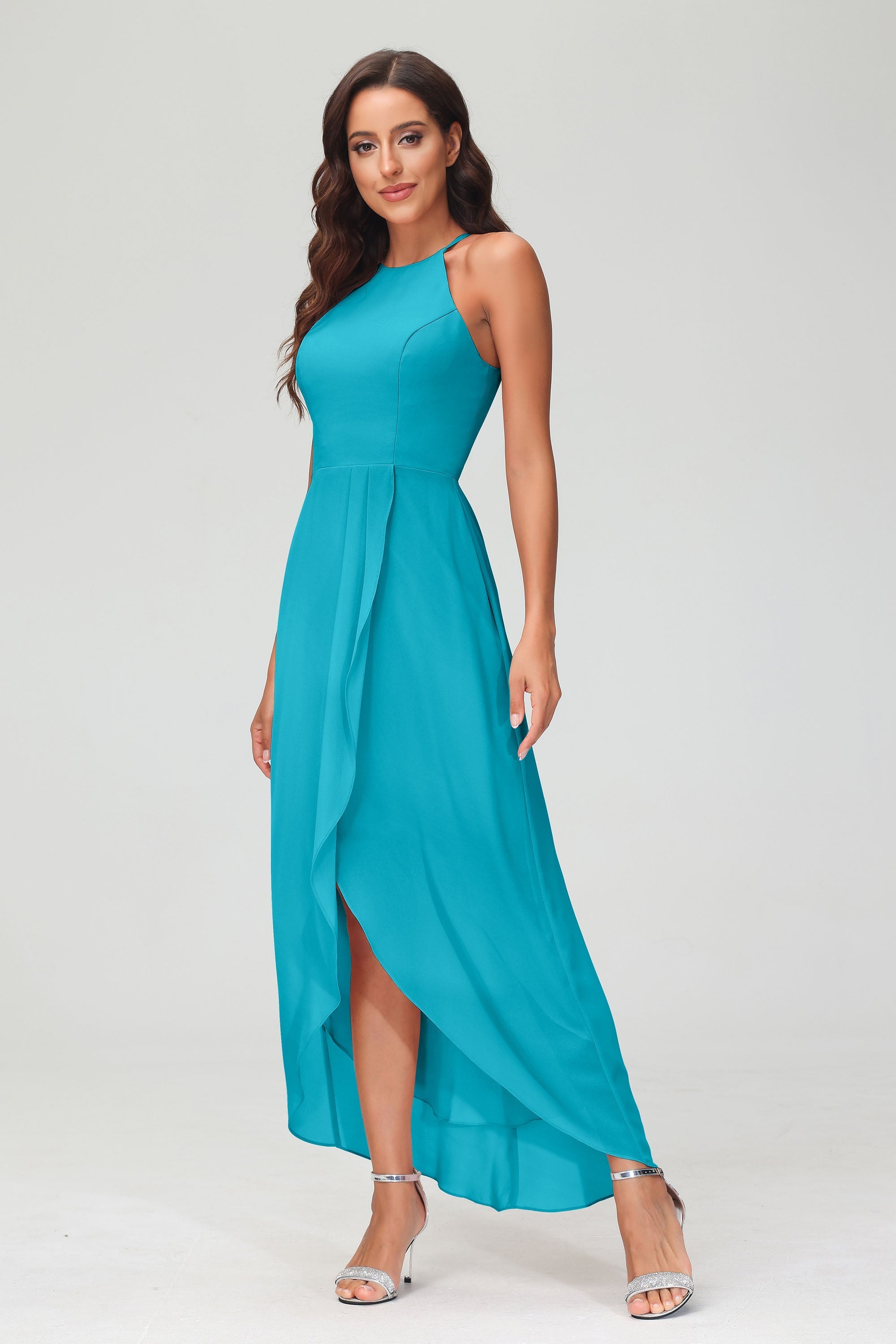 Simple Chiffon Asymmetrical Halter Wedding Party Dress Formal Evening Dresses Gowns