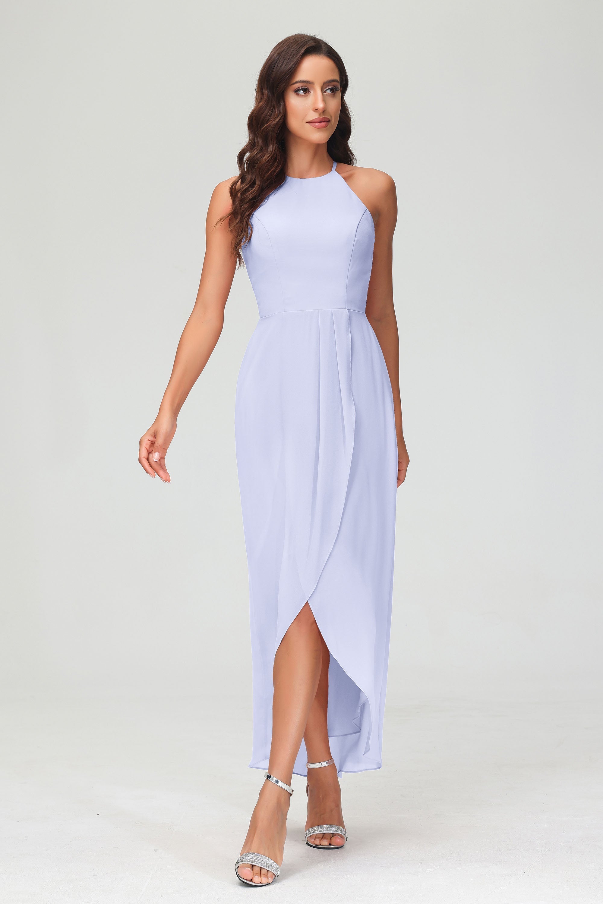 Simple Chiffon Asymmetrical Halter Wedding Party Dress Formal Evening Dresses Gowns