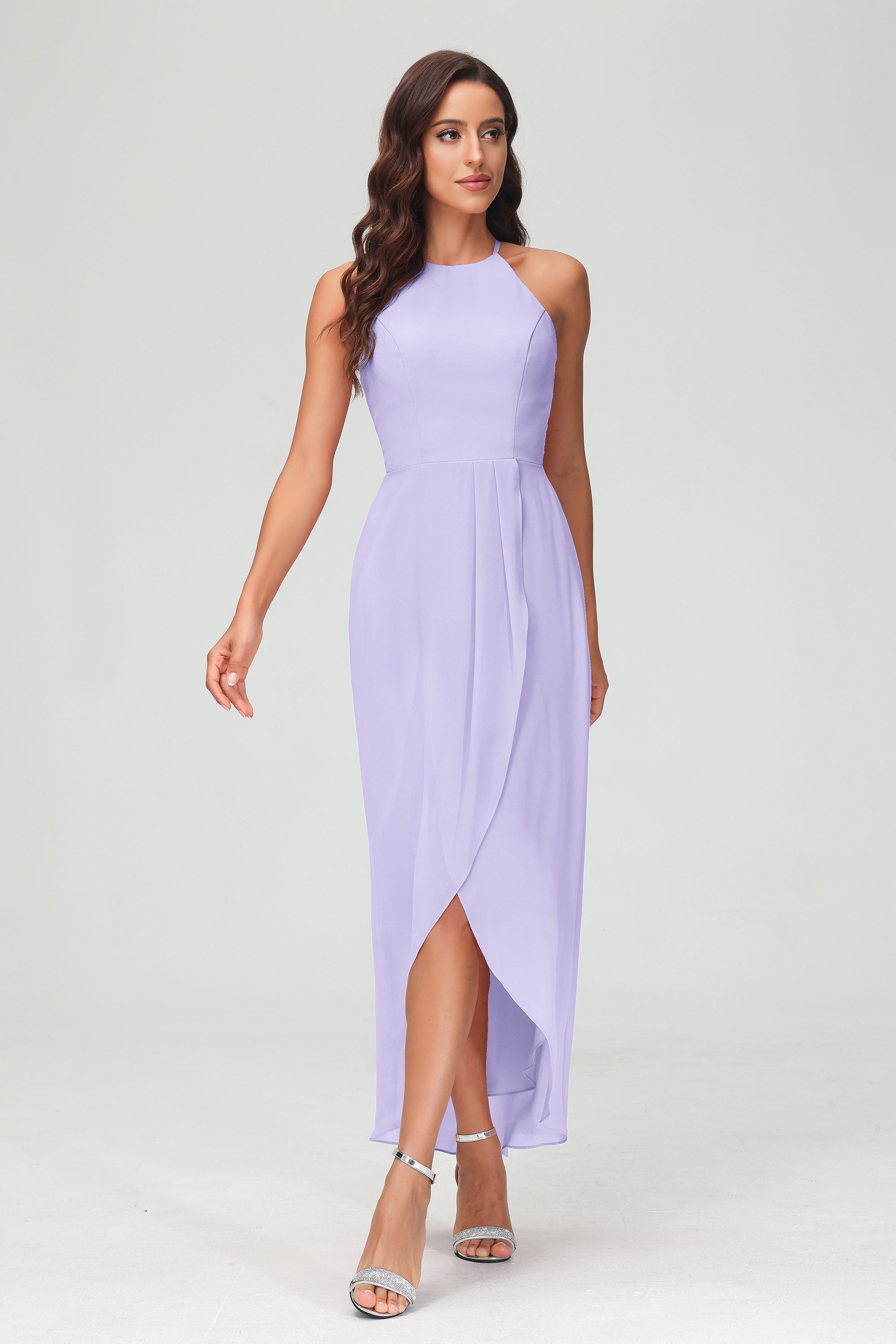 Simple Chiffon Asymmetrical Halter Wedding Party Dress Formal Evening Dresses Gowns