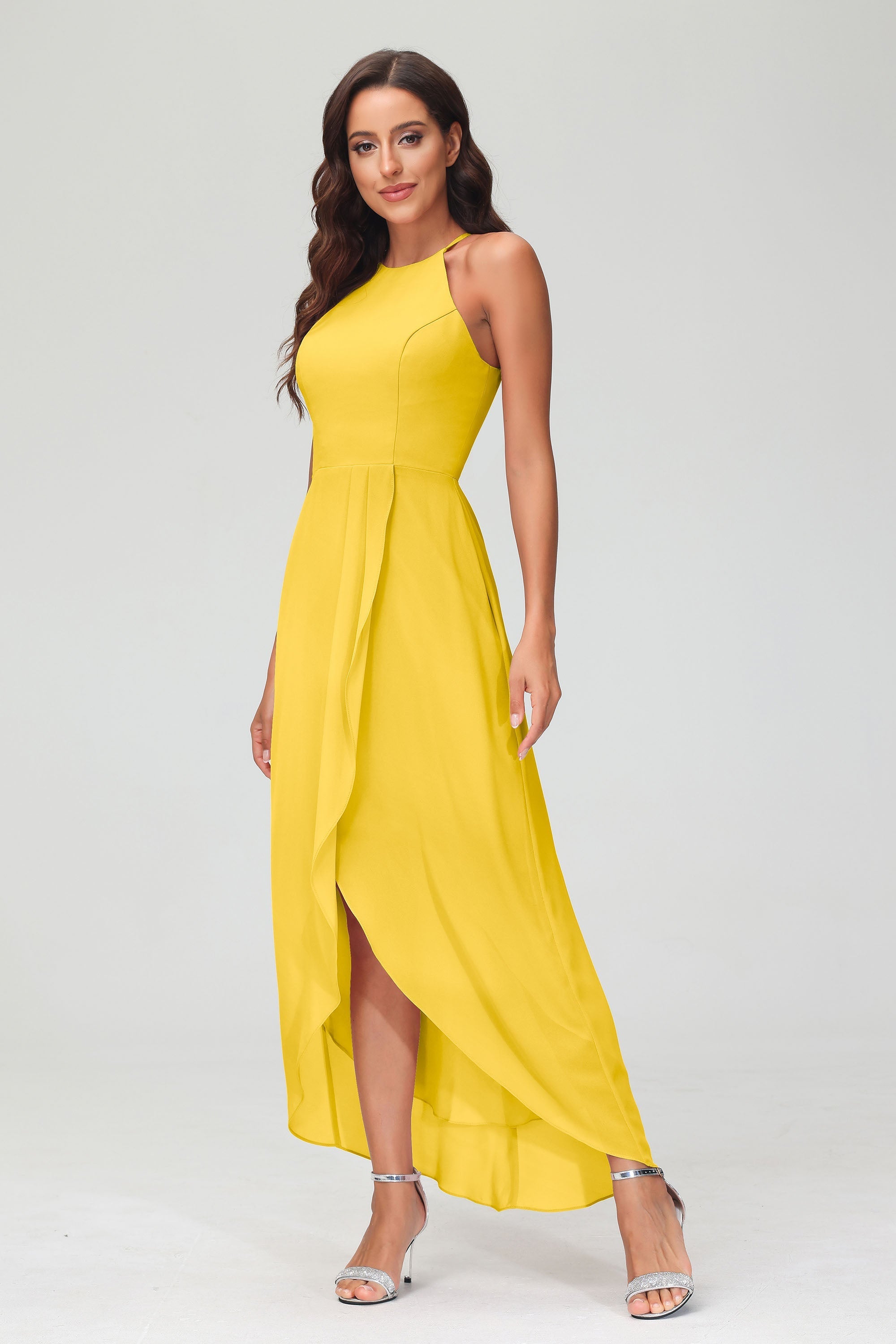 Simple Chiffon Asymmetrical Halter Wedding Party Dress Formal Evening Dresses Gowns
