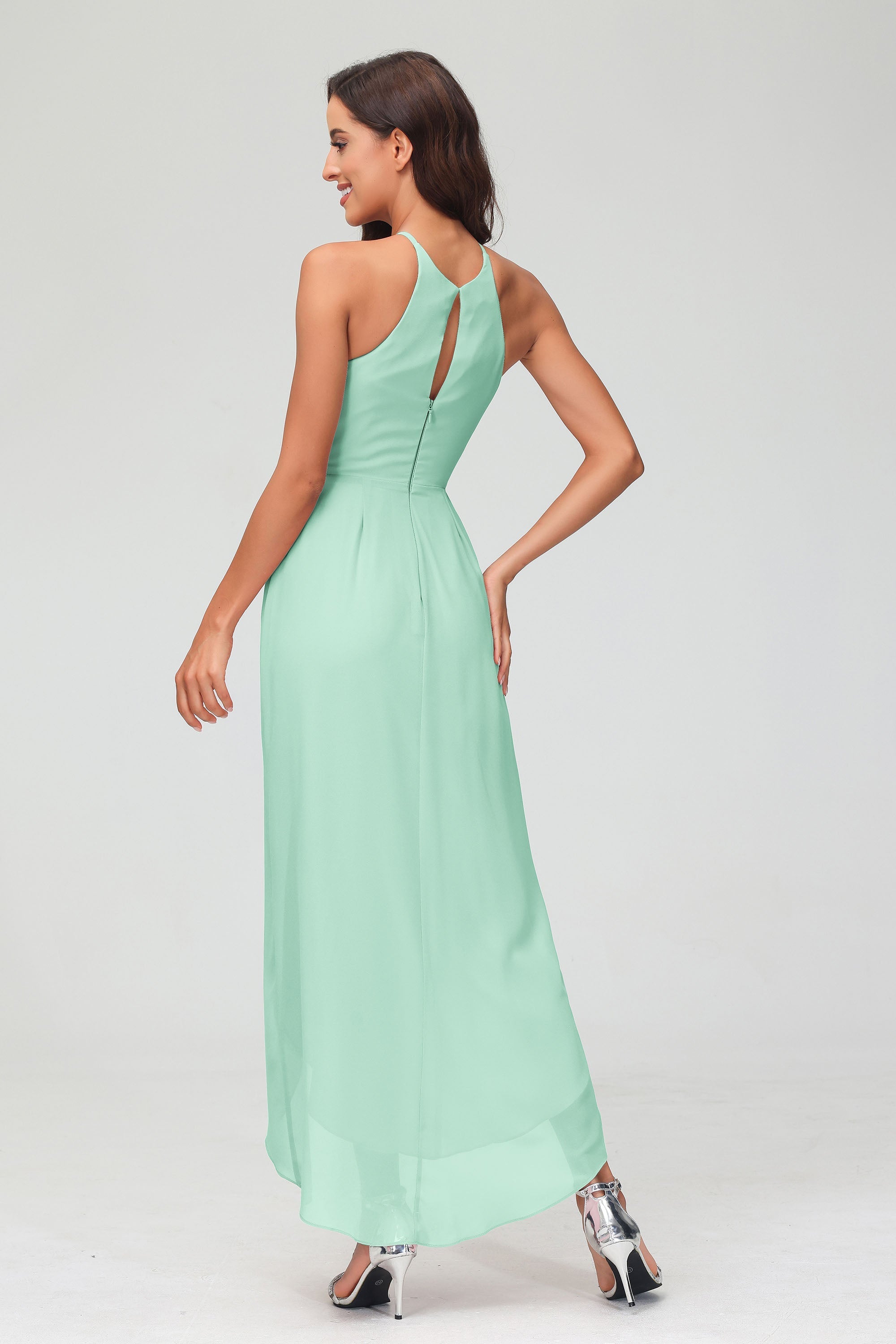 Simple Chiffon Asymmetrical Halter Wedding Party Dress Formal Evening Dresses Gowns