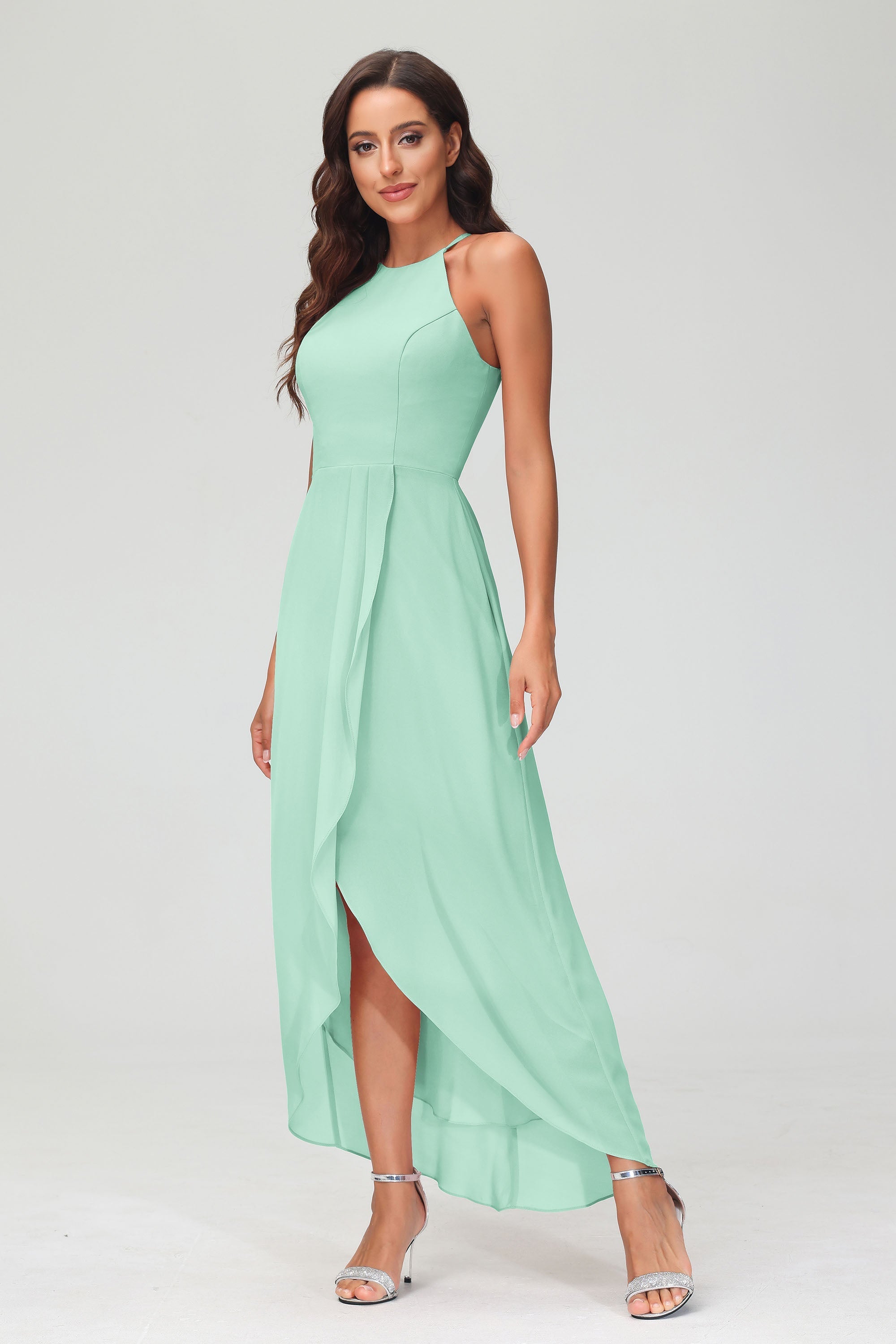 Simple Chiffon Asymmetrical Halter Wedding Party Dress Formal Evening Dresses Gowns