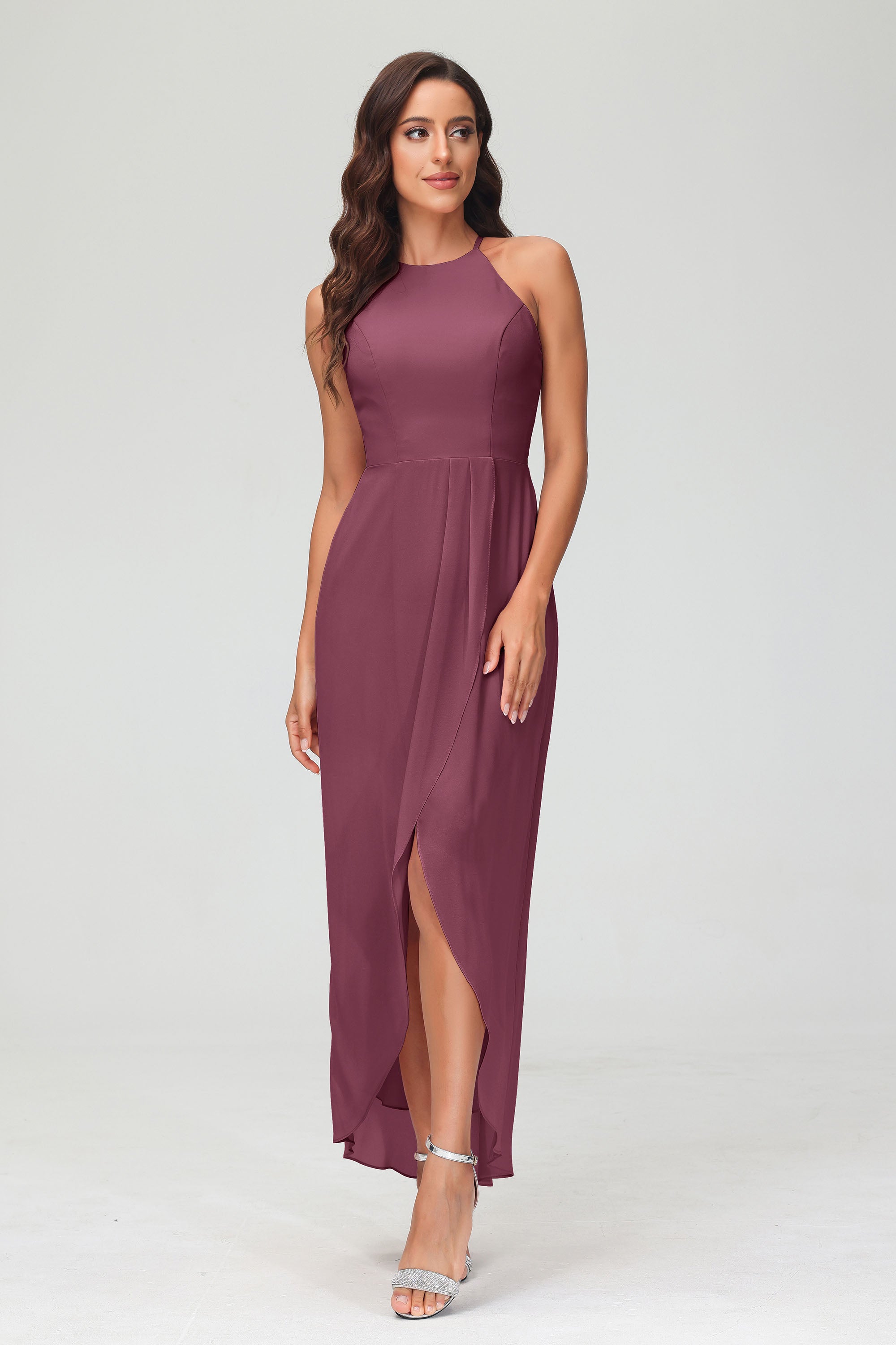 Simple Chiffon Asymmetrical Halter Wedding Party Dress Formal Evening Dresses Gowns
