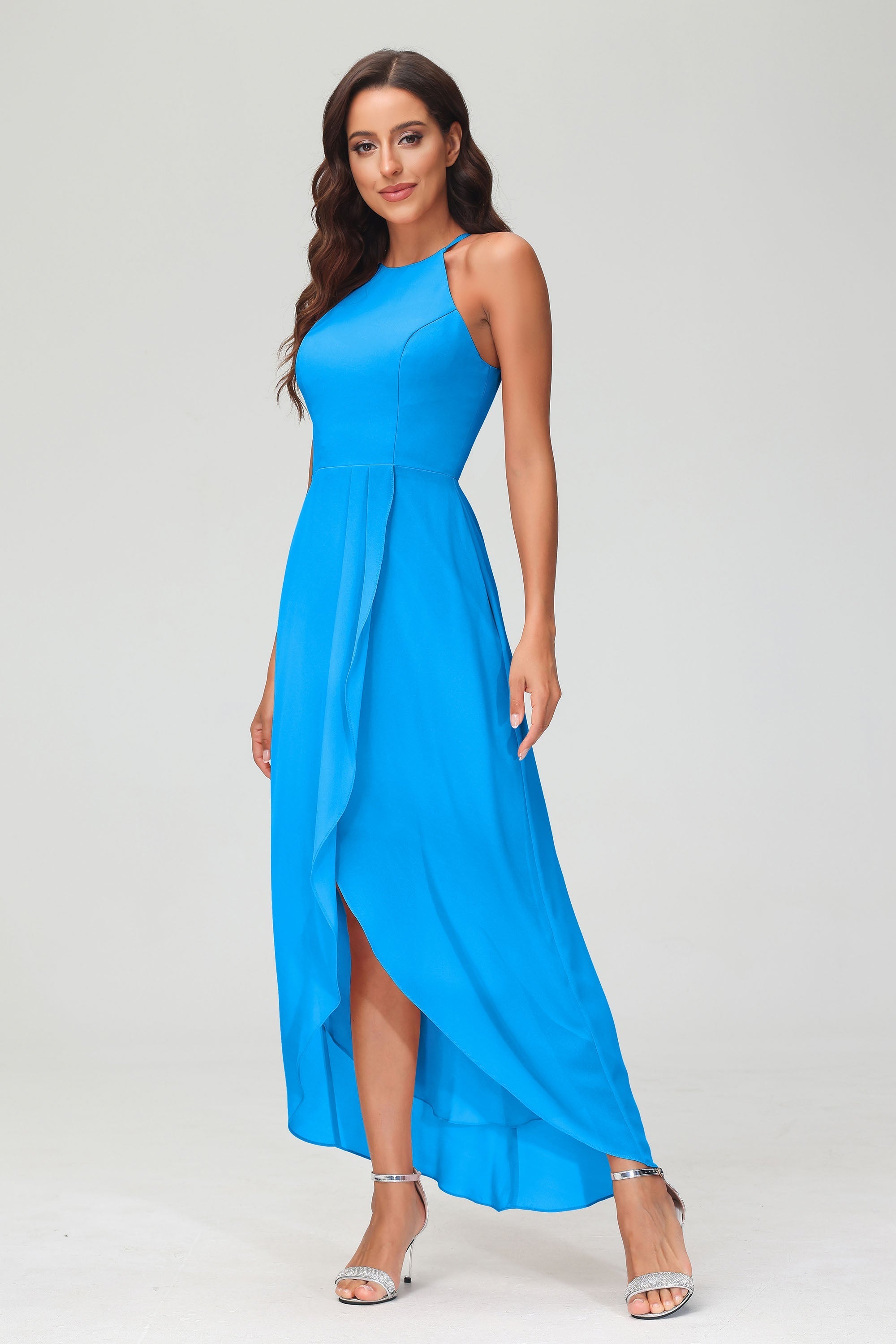 Simple Chiffon Asymmetrical Halter Wedding Party Dress Formal Evening Dresses Gowns