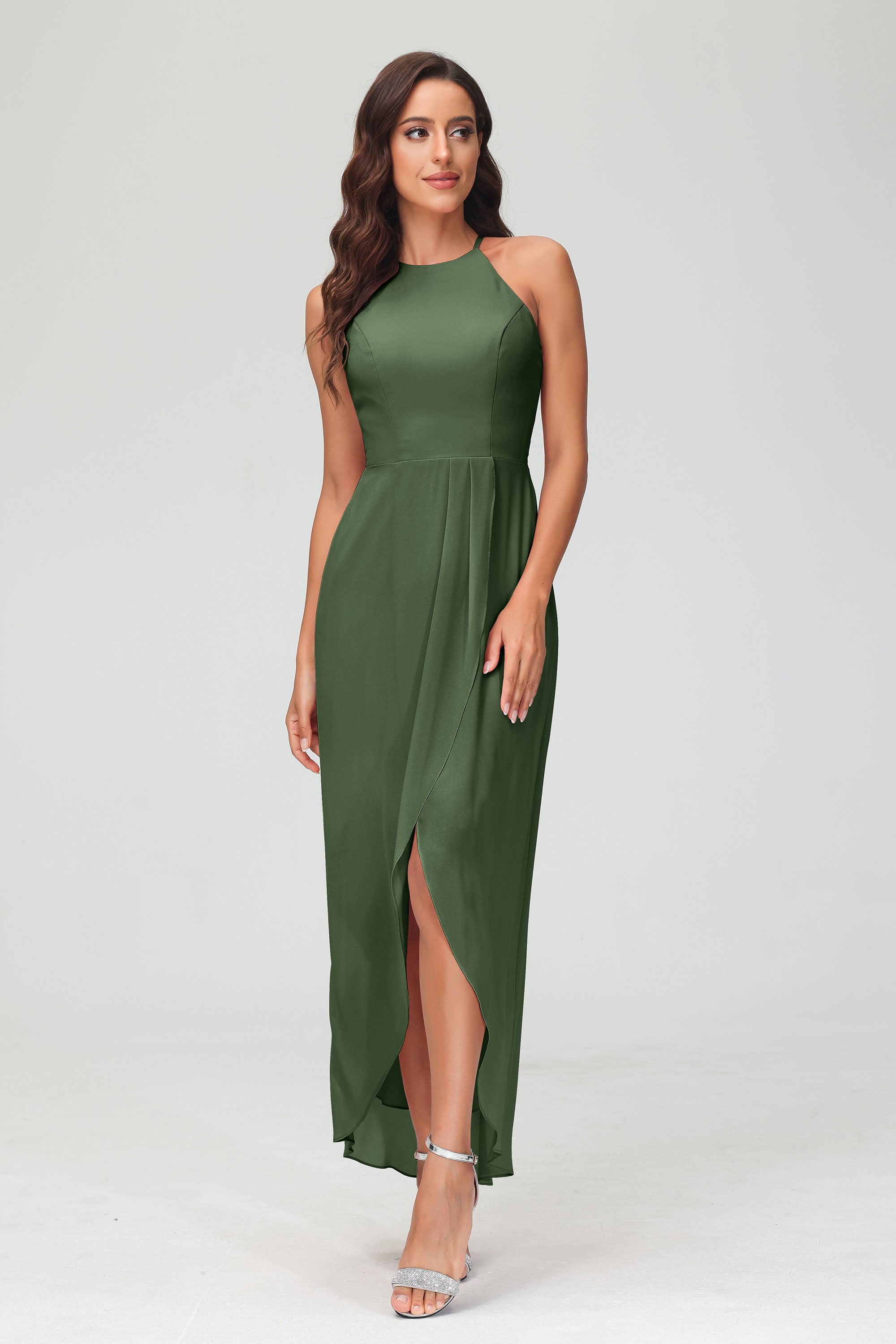 Simple Chiffon Asymmetrical Halter Wedding Party Dress Formal Evening Dresses Gowns