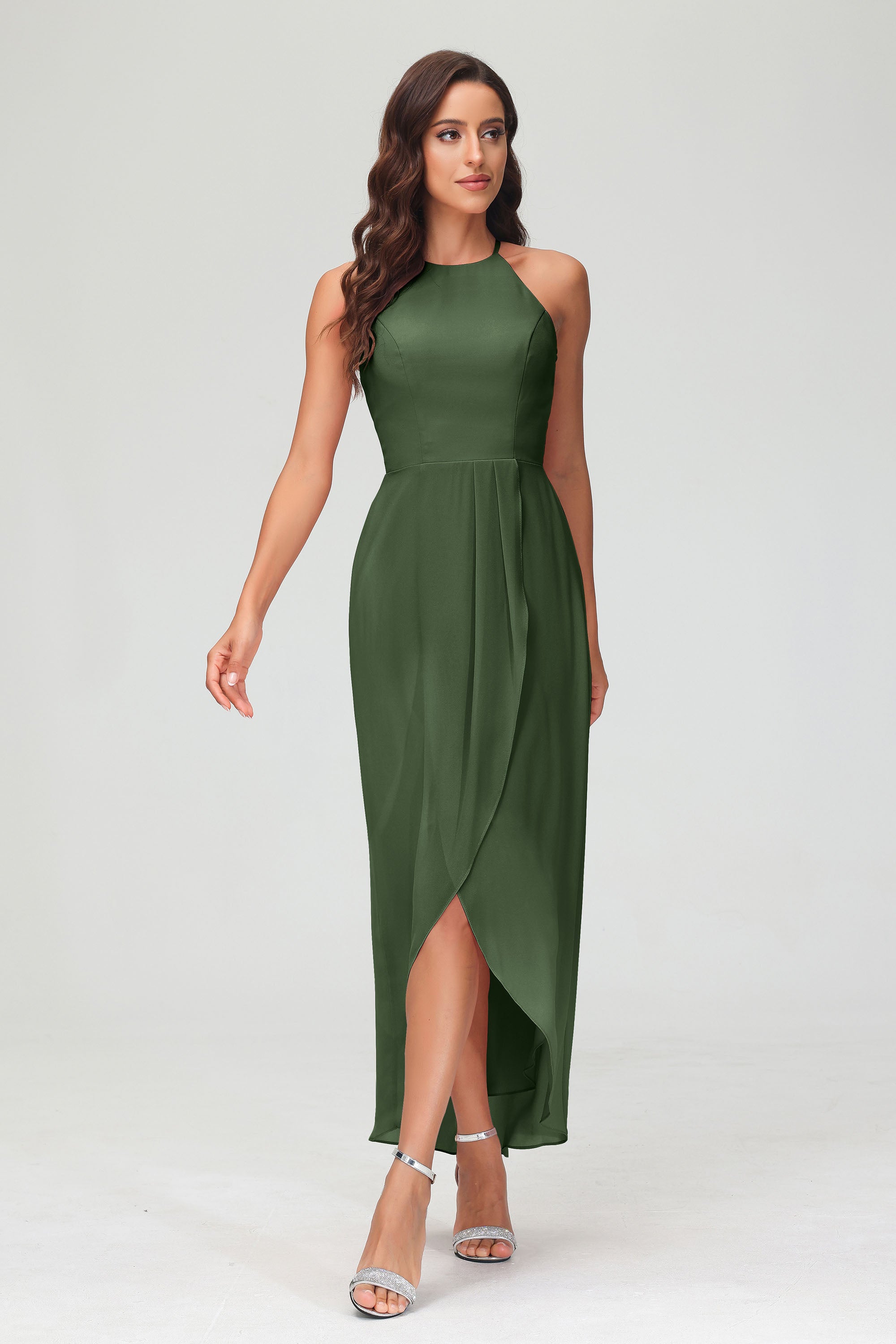 Simple Chiffon Asymmetrical Halter Wedding Party Dress Formal Evening Dresses Gowns