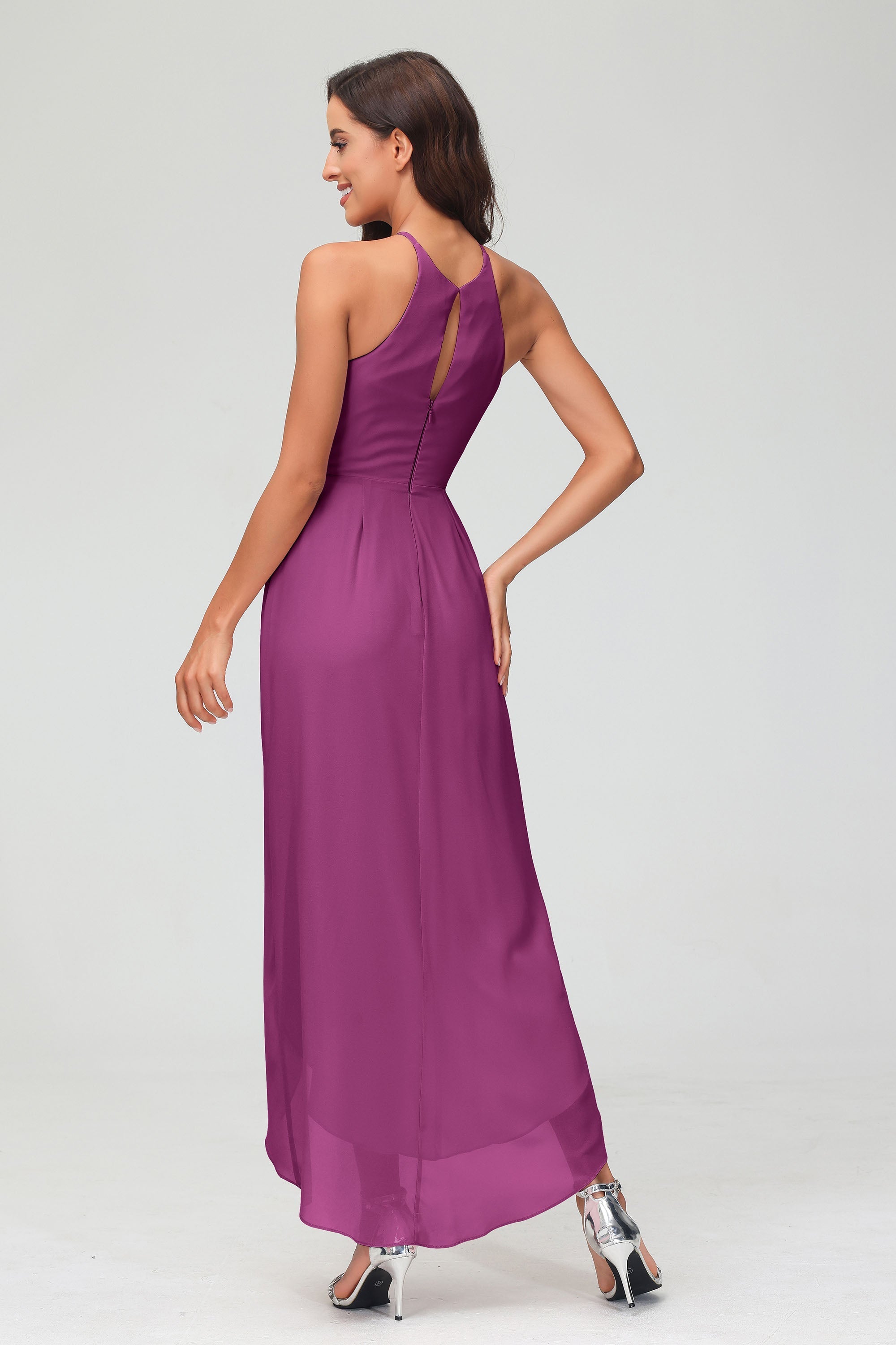 Simple Chiffon Asymmetrical Halter Wedding Party Dress Formal Evening Dresses Gowns