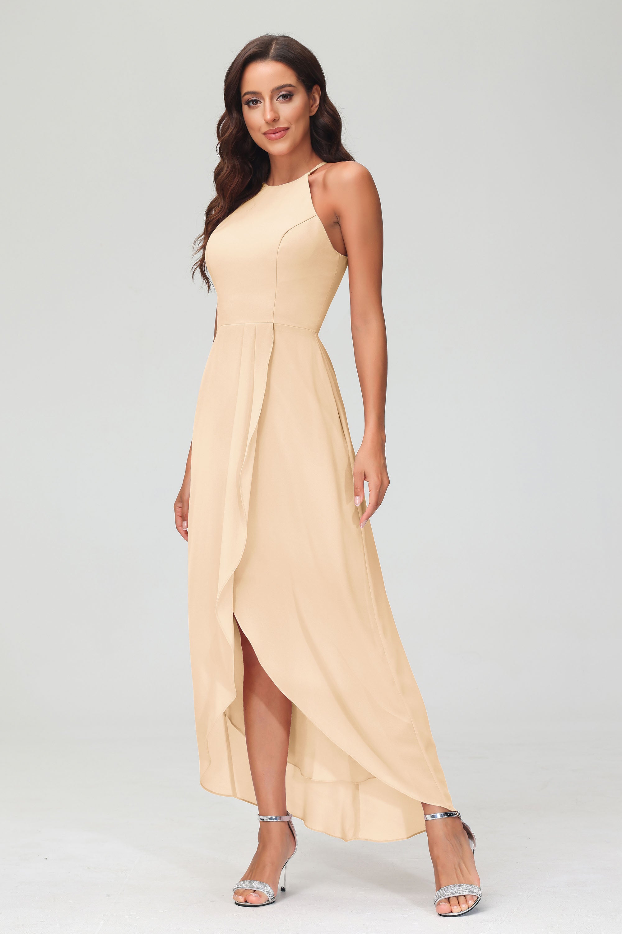 Simple Chiffon Asymmetrical Halter Wedding Party Dress Formal Evening Dresses Gowns
