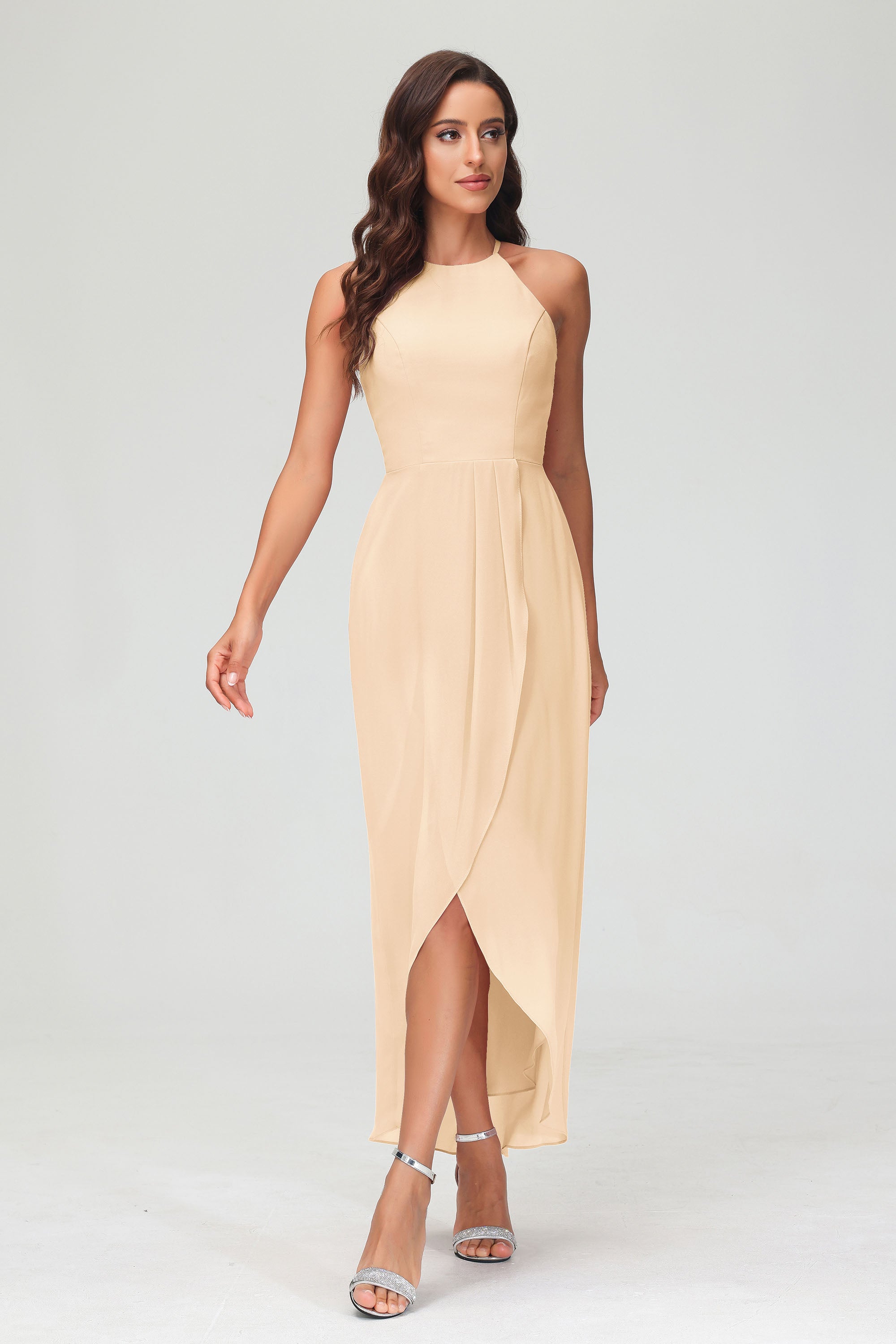 Simple Chiffon Asymmetrical Halter Wedding Party Dress Formal Evening Dresses Gowns