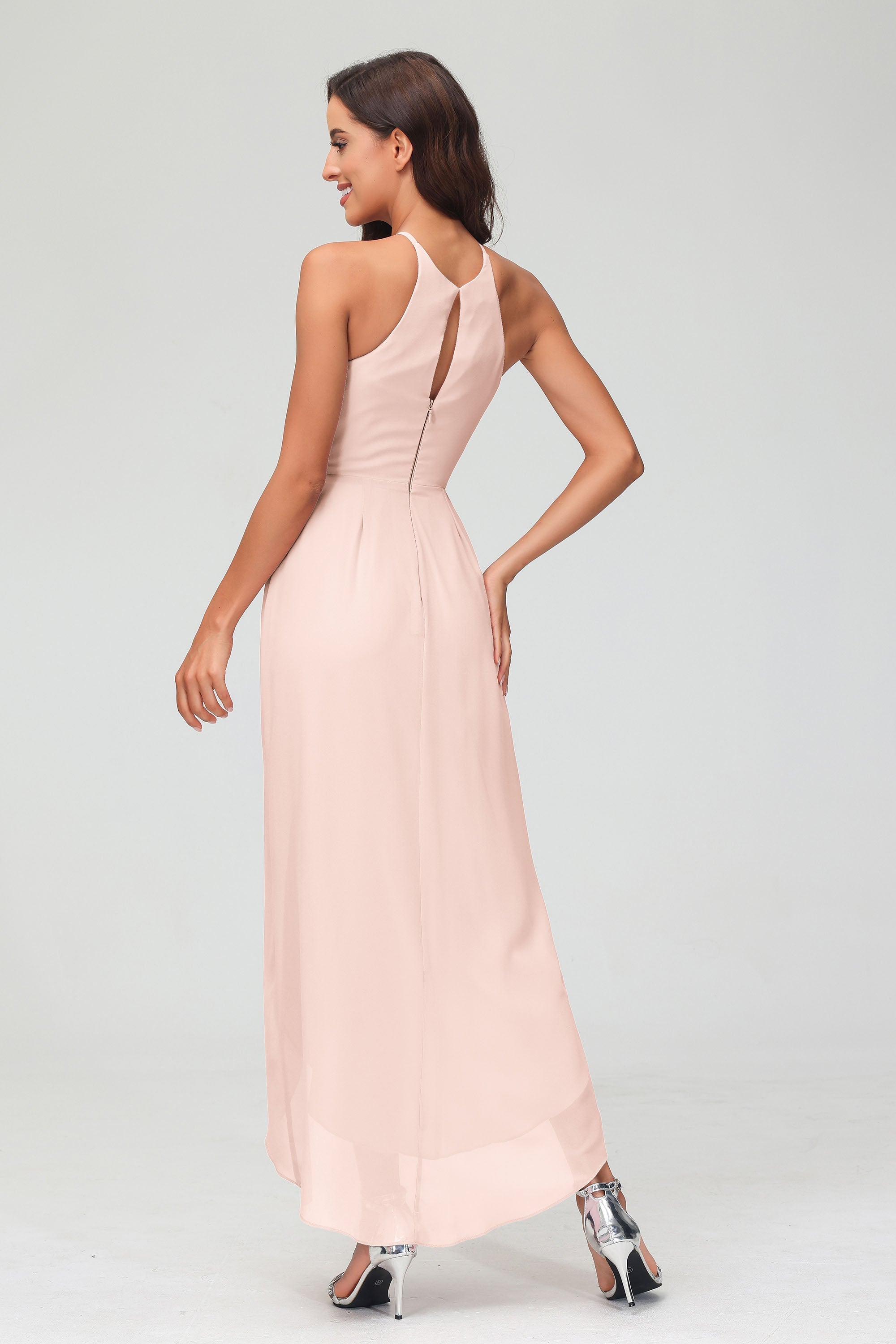 Simple Chiffon Asymmetrical Halter Wedding Party Dress Formal Evening Dresses Gowns