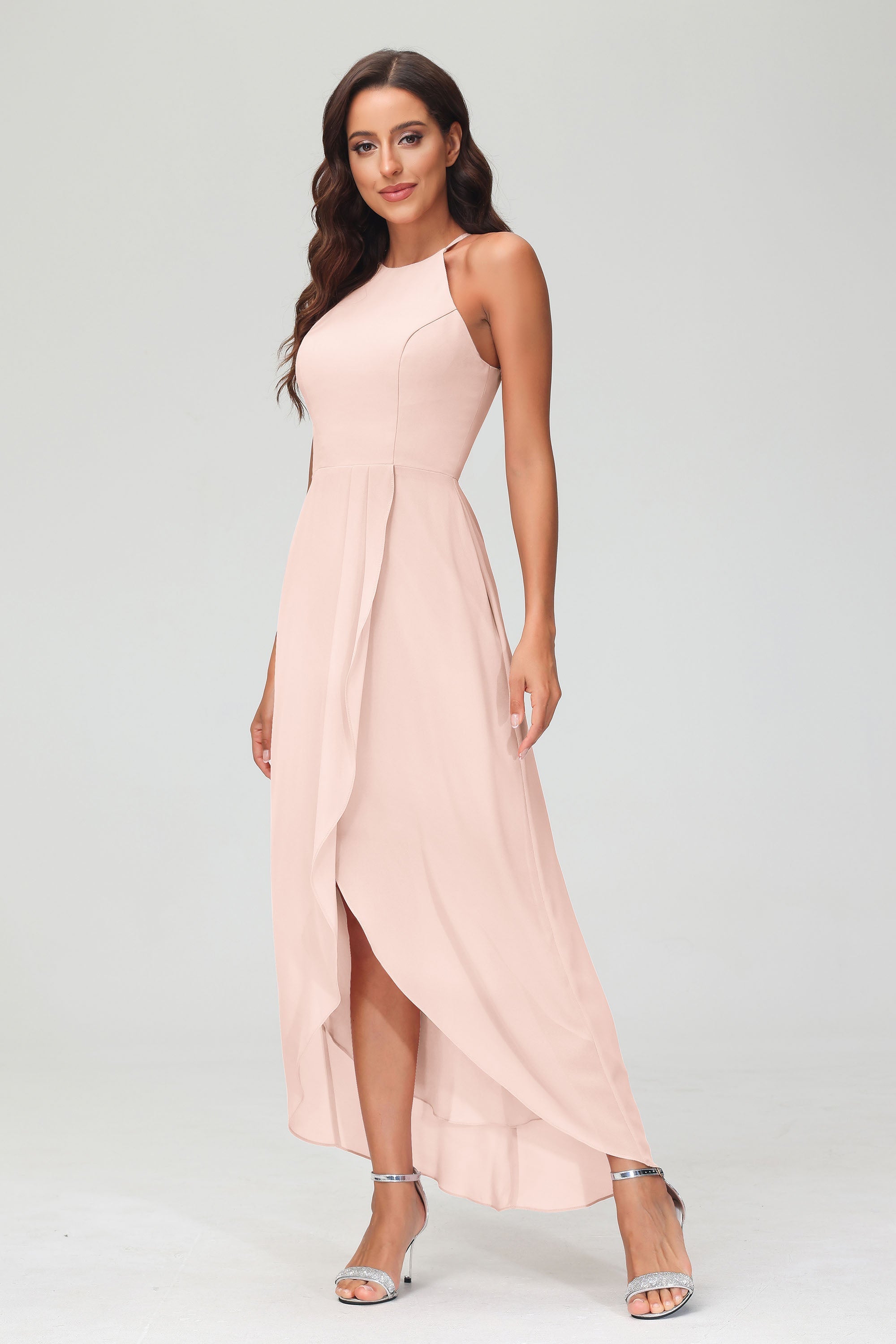 Simple Chiffon Asymmetrical Halter Wedding Party Dress Formal Evening Dresses Gowns