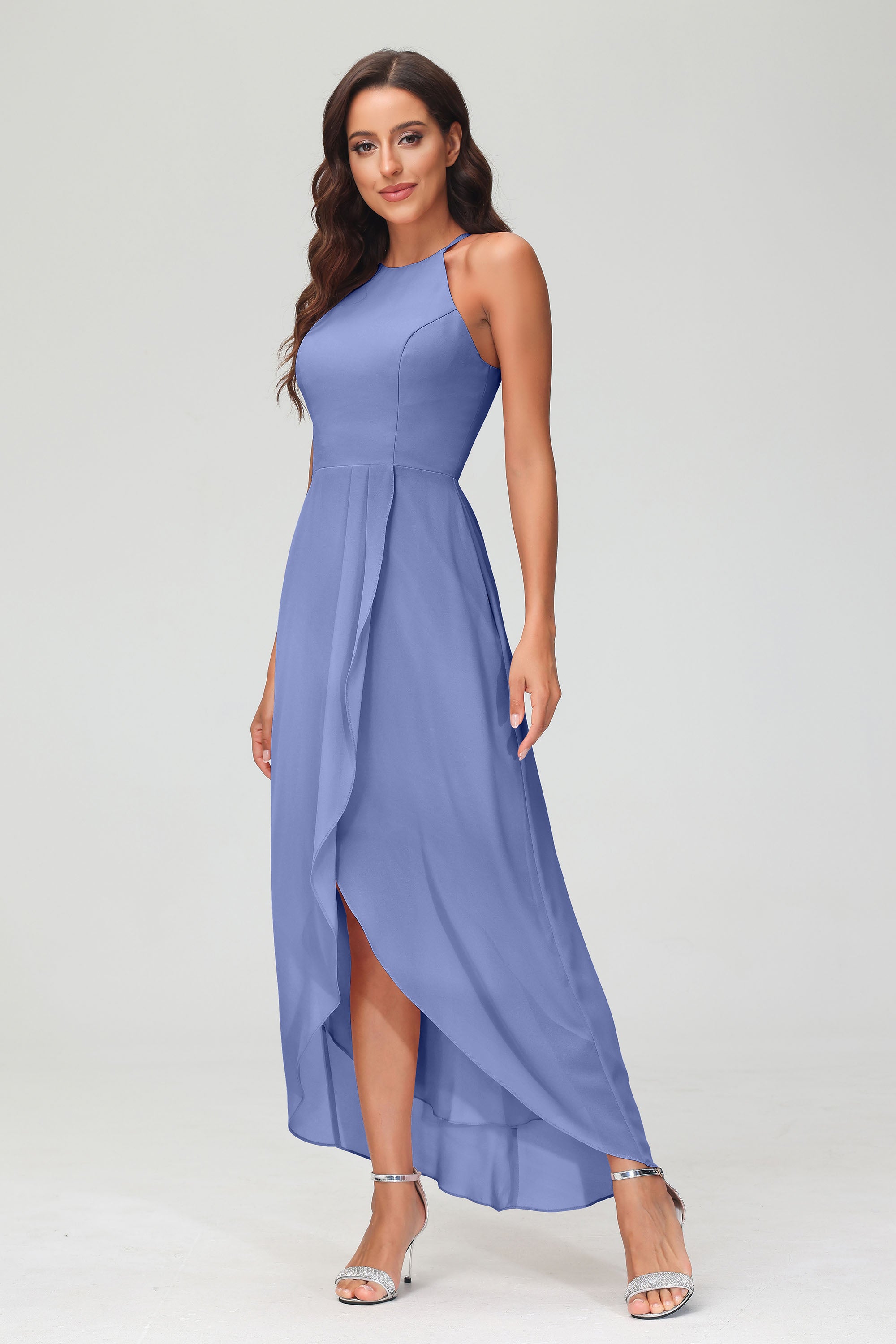 Simple Chiffon Asymmetrical Halter Wedding Party Dress Formal Evening Dresses Gowns