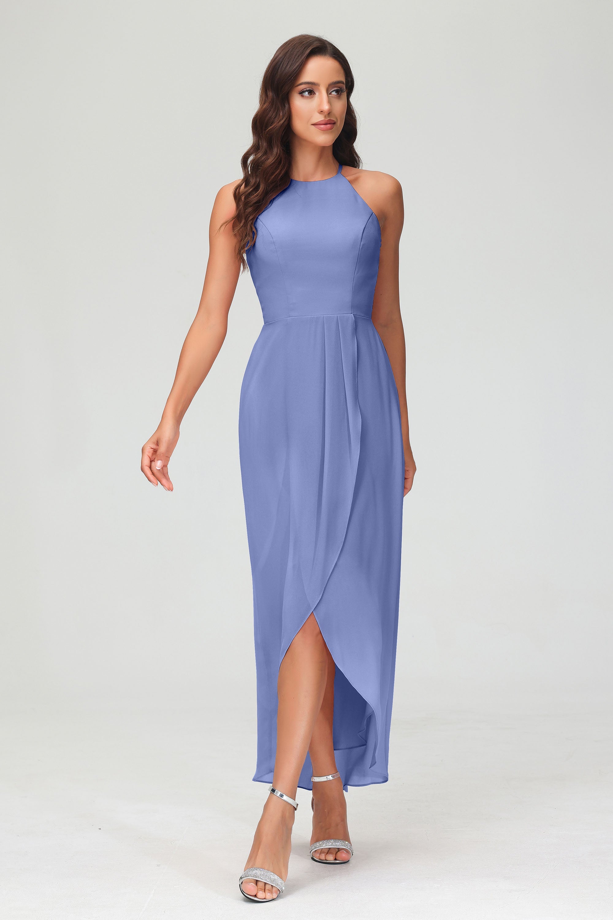Simple Chiffon Asymmetrical Halter Wedding Party Dress Formal Evening Dresses Gowns