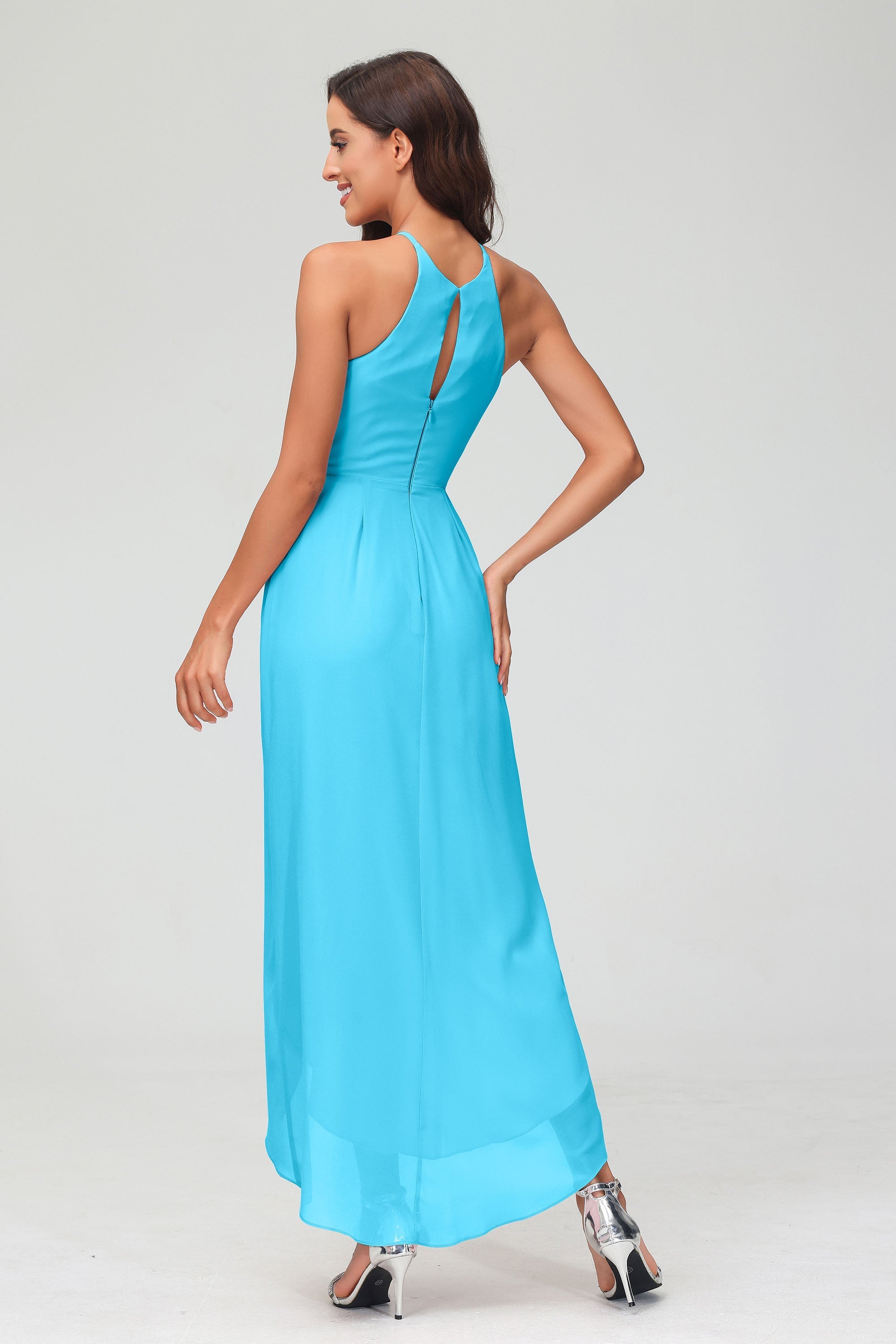 Simple Chiffon Asymmetrical Halter Wedding Party Dress Formal Evening Dresses Gowns
