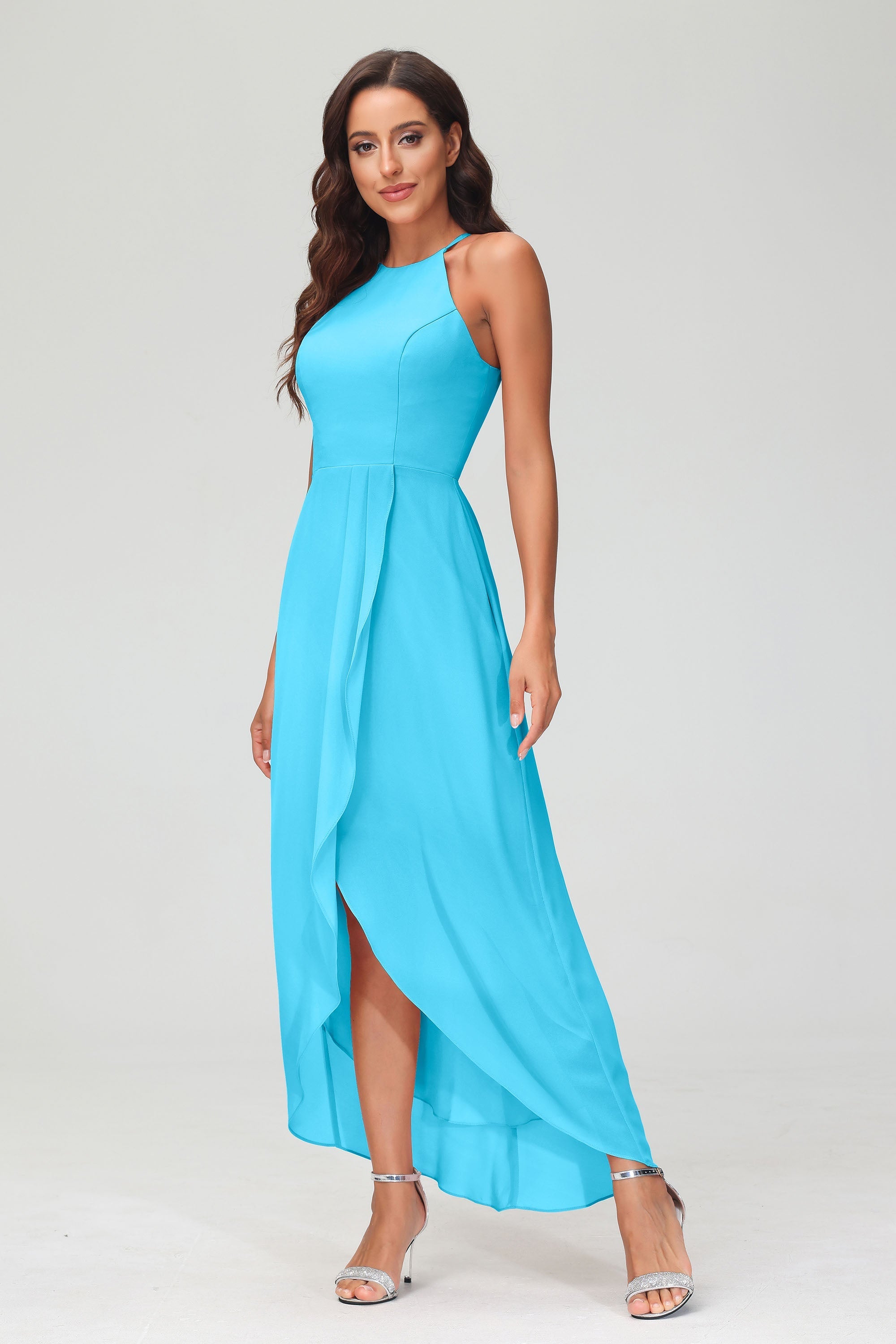 Simple Chiffon Asymmetrical Halter Wedding Party Dress Formal Evening Dresses Gowns