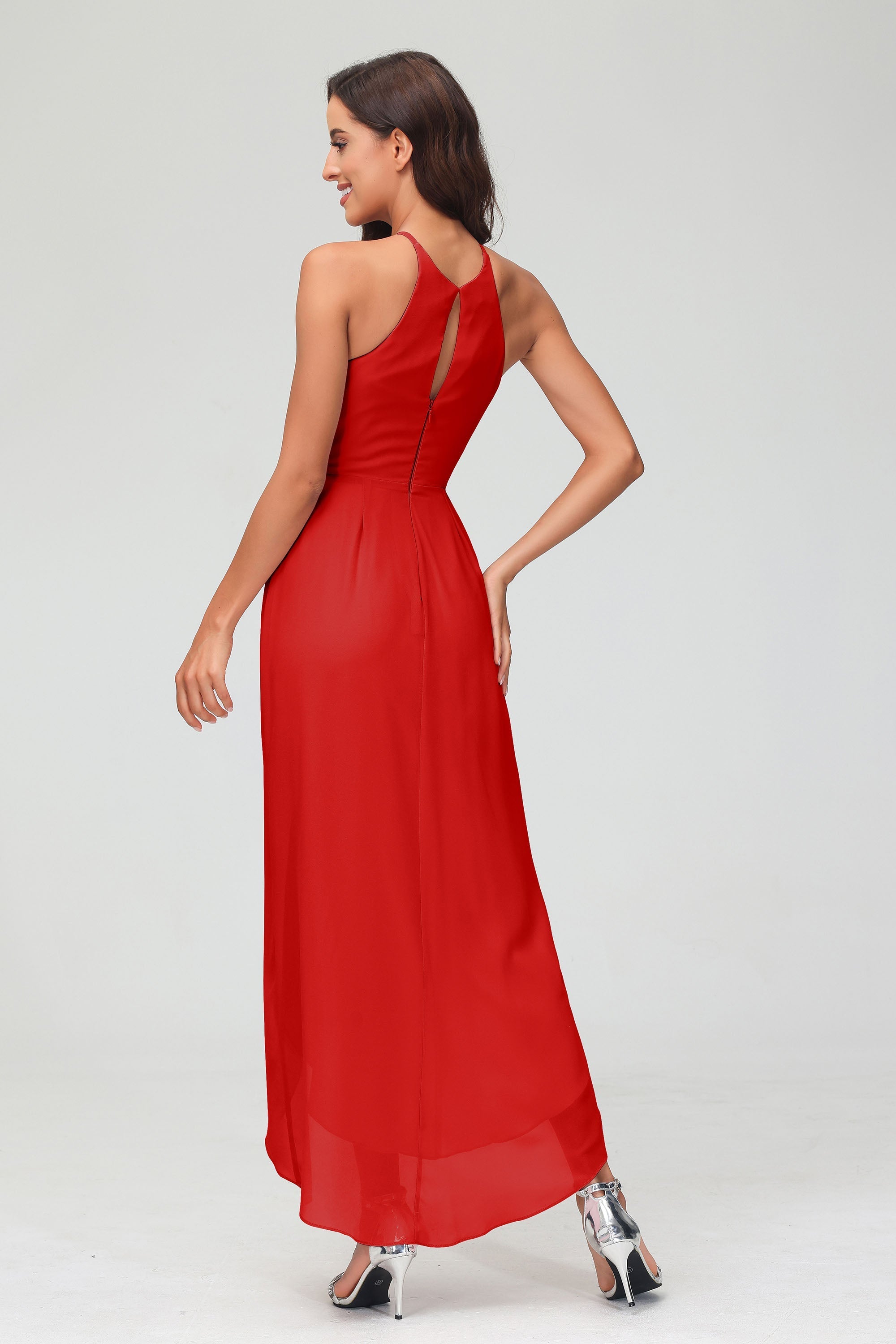Simple Chiffon Asymmetrical Halter Wedding Party Dress Formal Evening Dresses Gowns