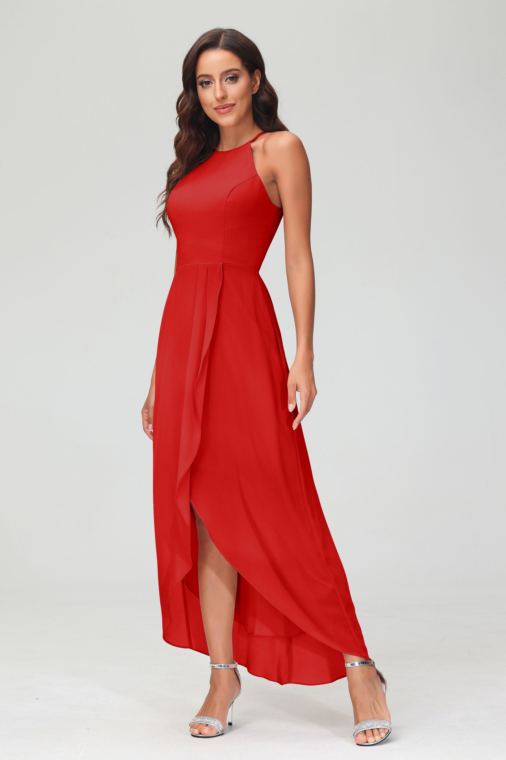 Simple Chiffon Asymmetrical Halter Wedding Party Dress Formal Evening Dresses Gowns