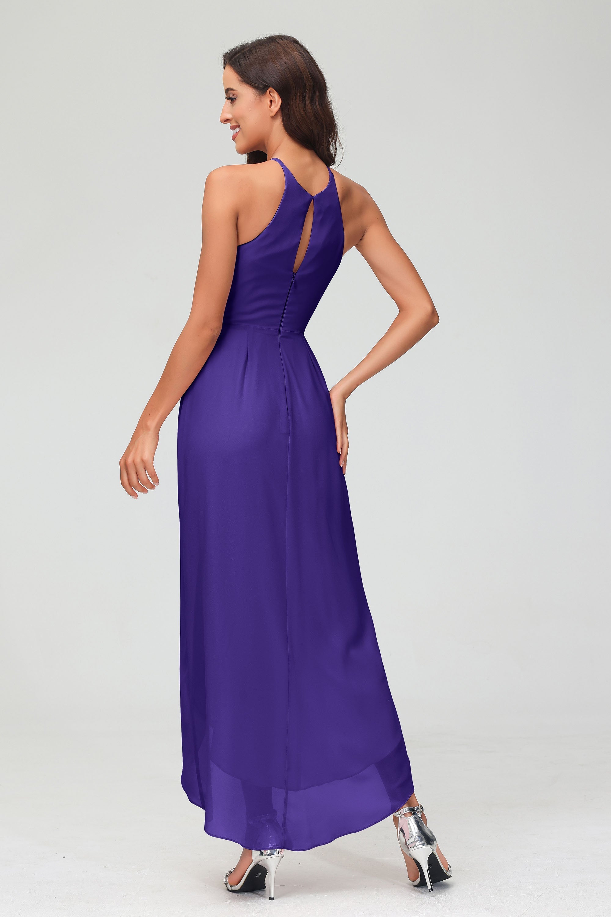 Simple Chiffon Asymmetrical Halter Wedding Party Dress Formal Evening Dresses Gowns