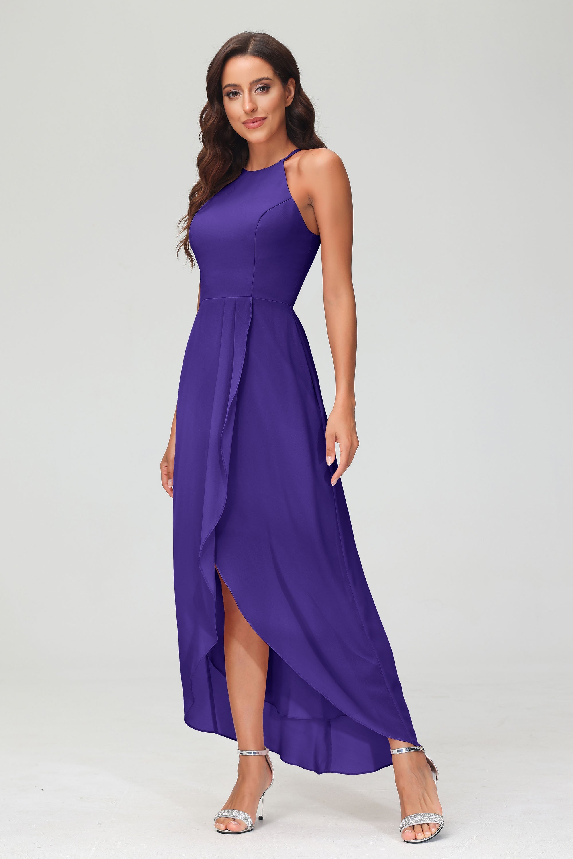 Simple Chiffon Asymmetrical Halter Wedding Party Dress Formal Evening Dresses Gowns
