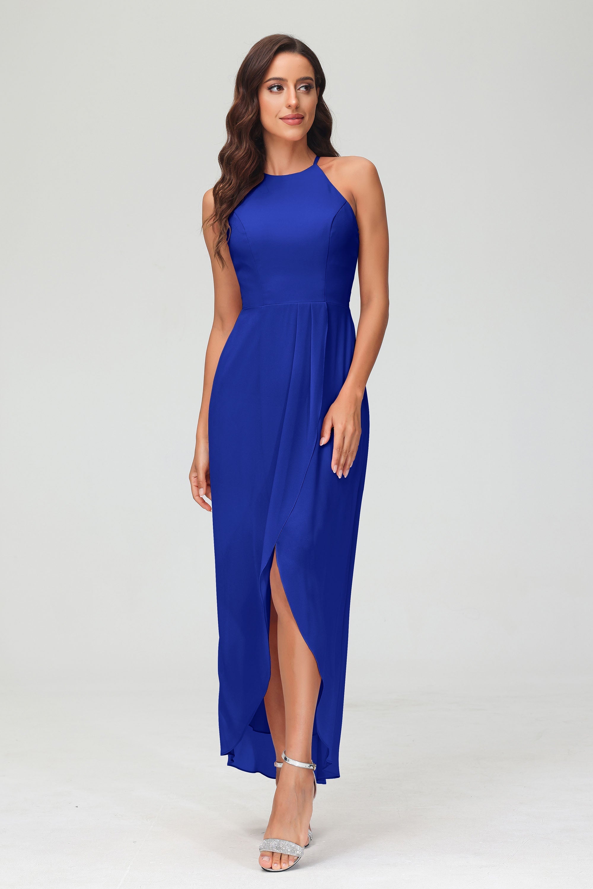 Simple Chiffon Asymmetrical Halter Wedding Party Dress Formal Evening Dresses Gowns