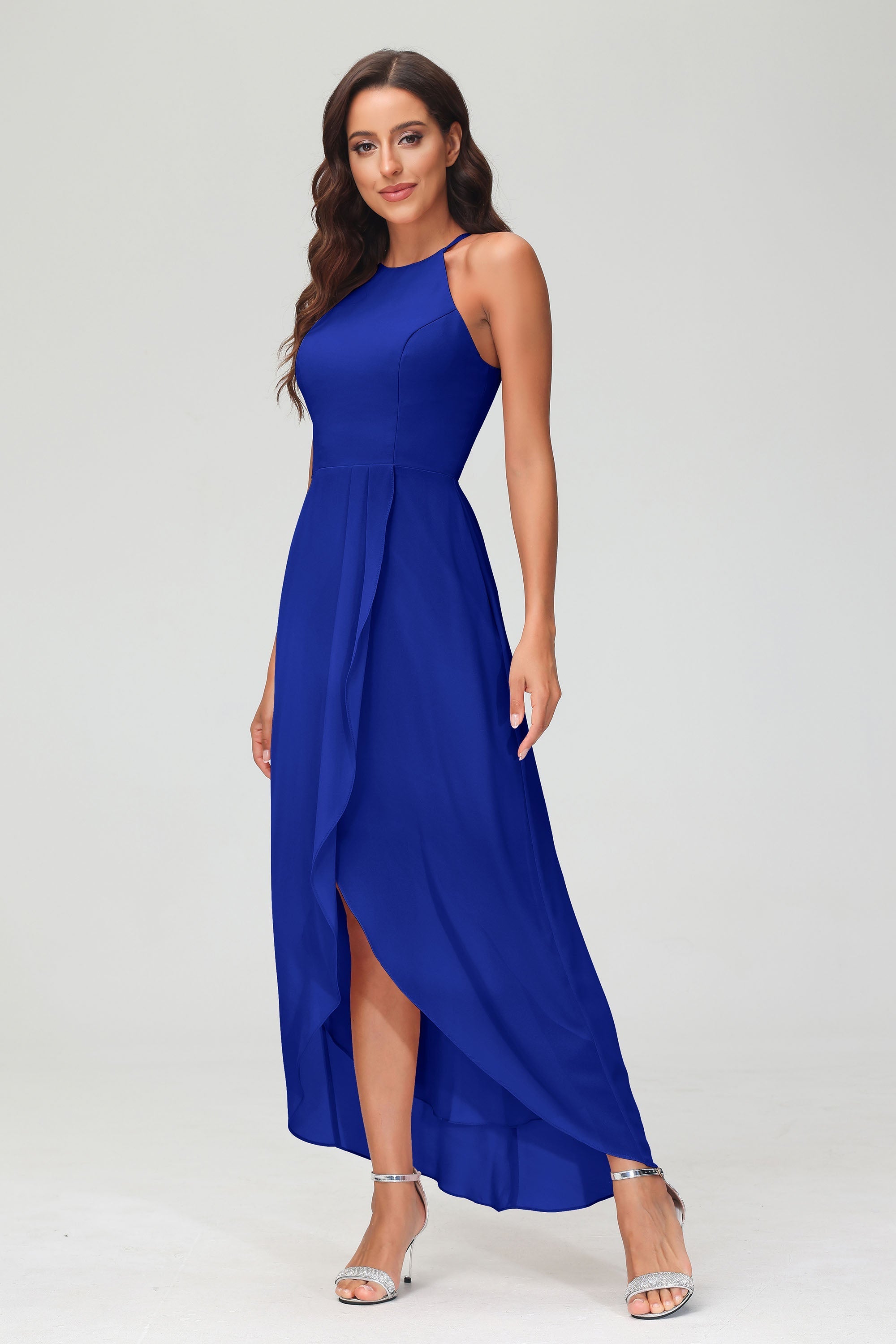 Simple Chiffon Asymmetrical Halter Wedding Party Dress Formal Evening Dresses Gowns