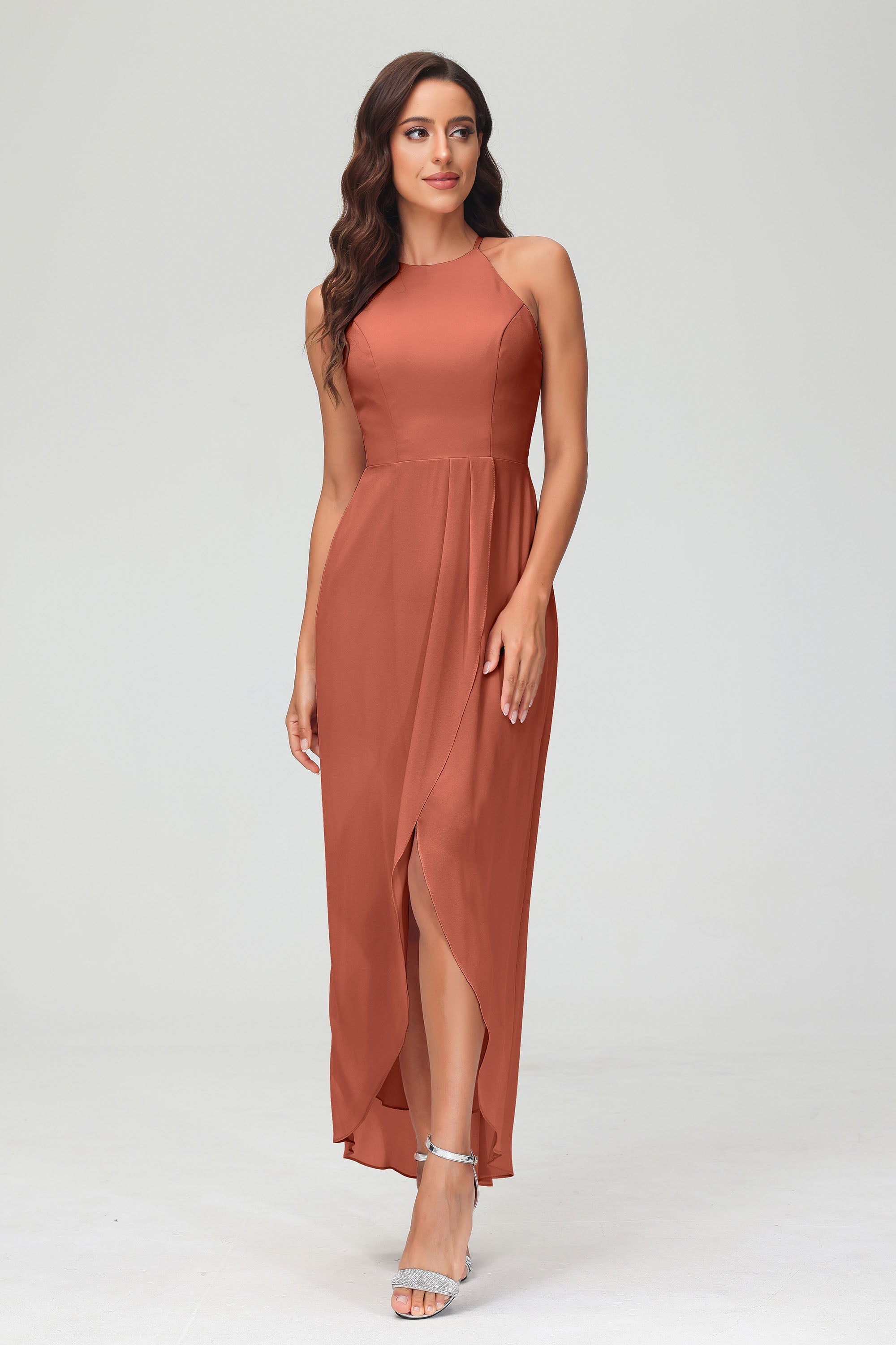 Simple Chiffon Asymmetrical Halter Wedding Party Dress Formal Evening Dresses Gowns