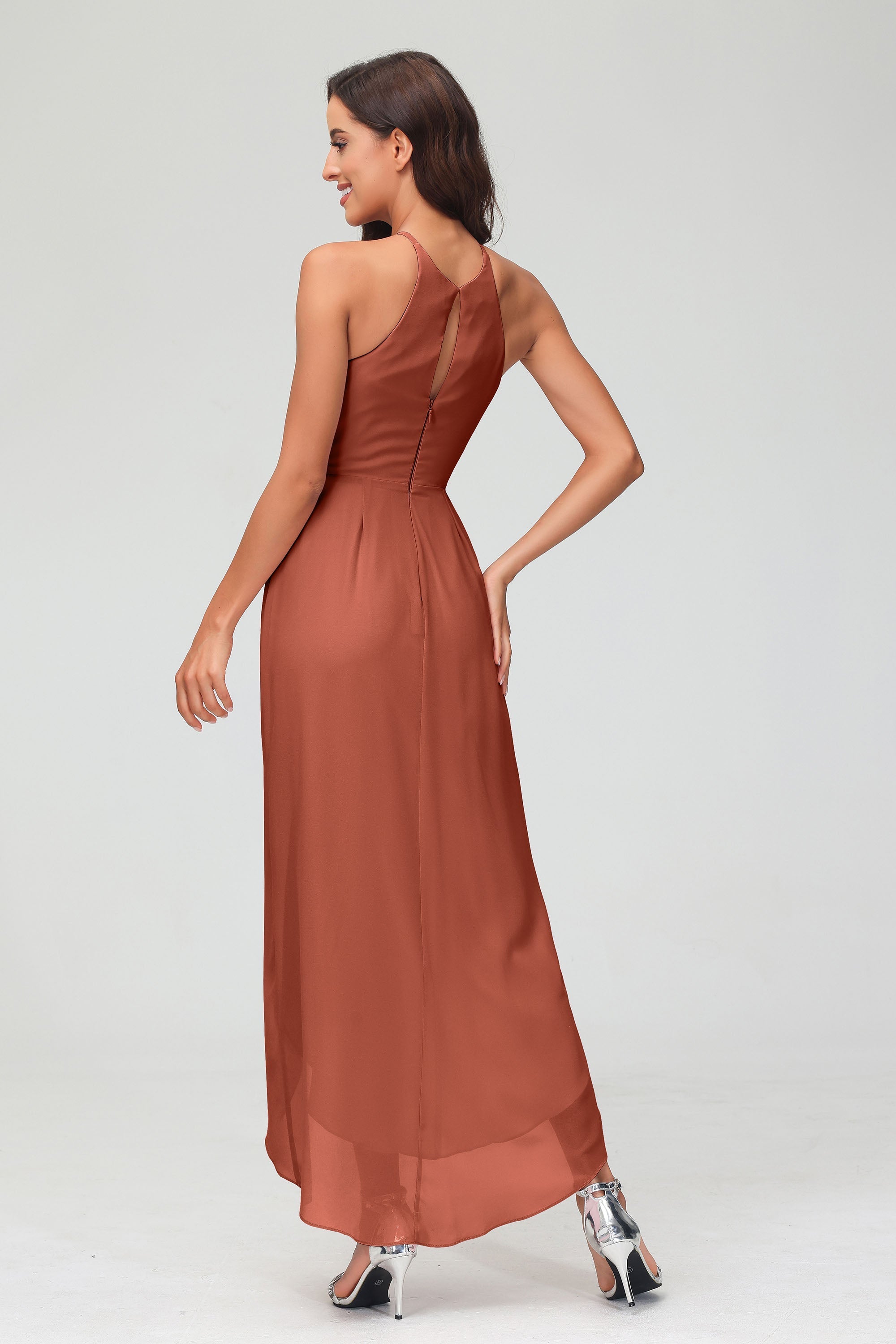 Simple Chiffon Asymmetrical Halter Wedding Party Dress Formal Evening Dresses Gowns
