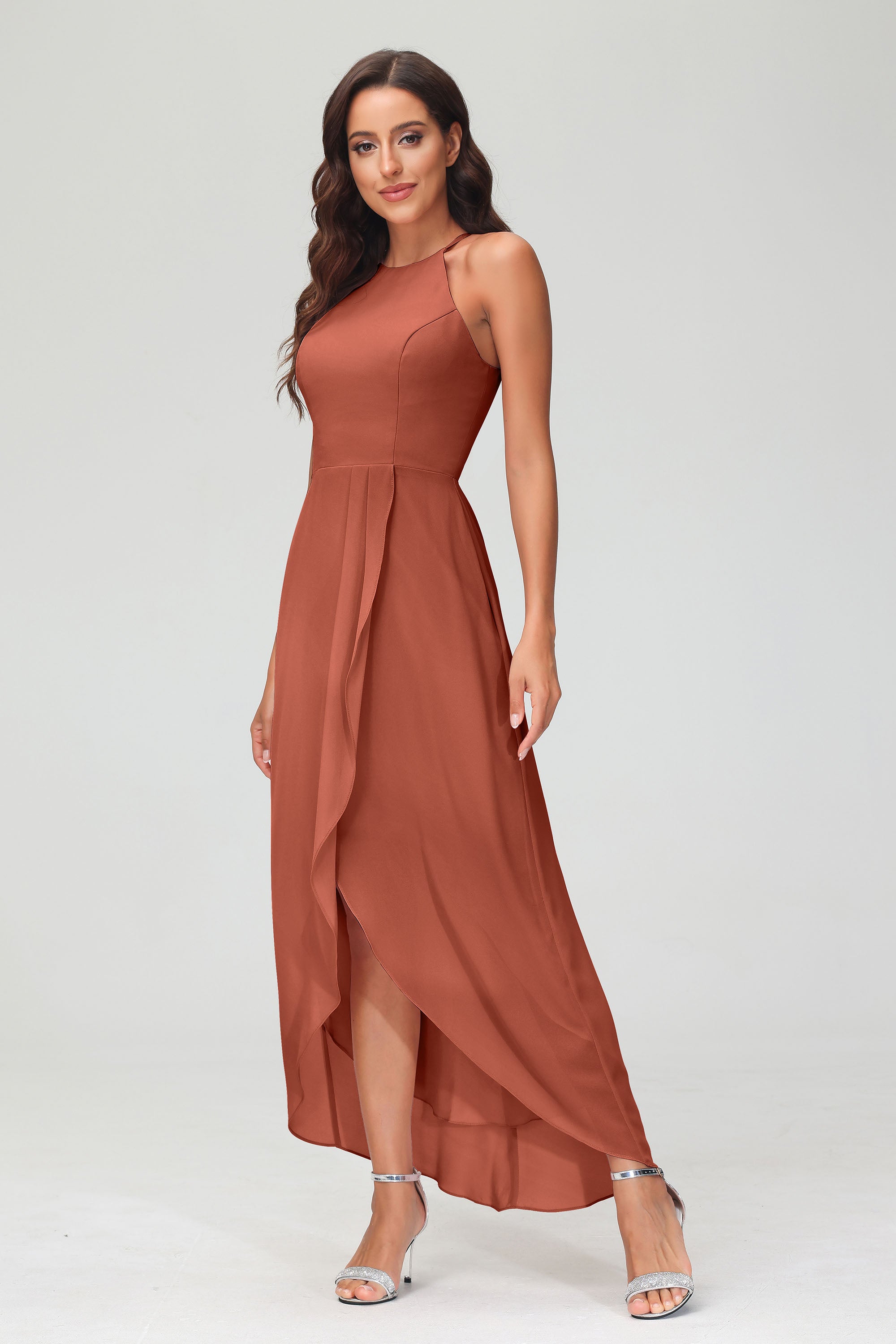 Simple Chiffon Asymmetrical Halter Wedding Party Dress Formal Evening Dresses Gowns