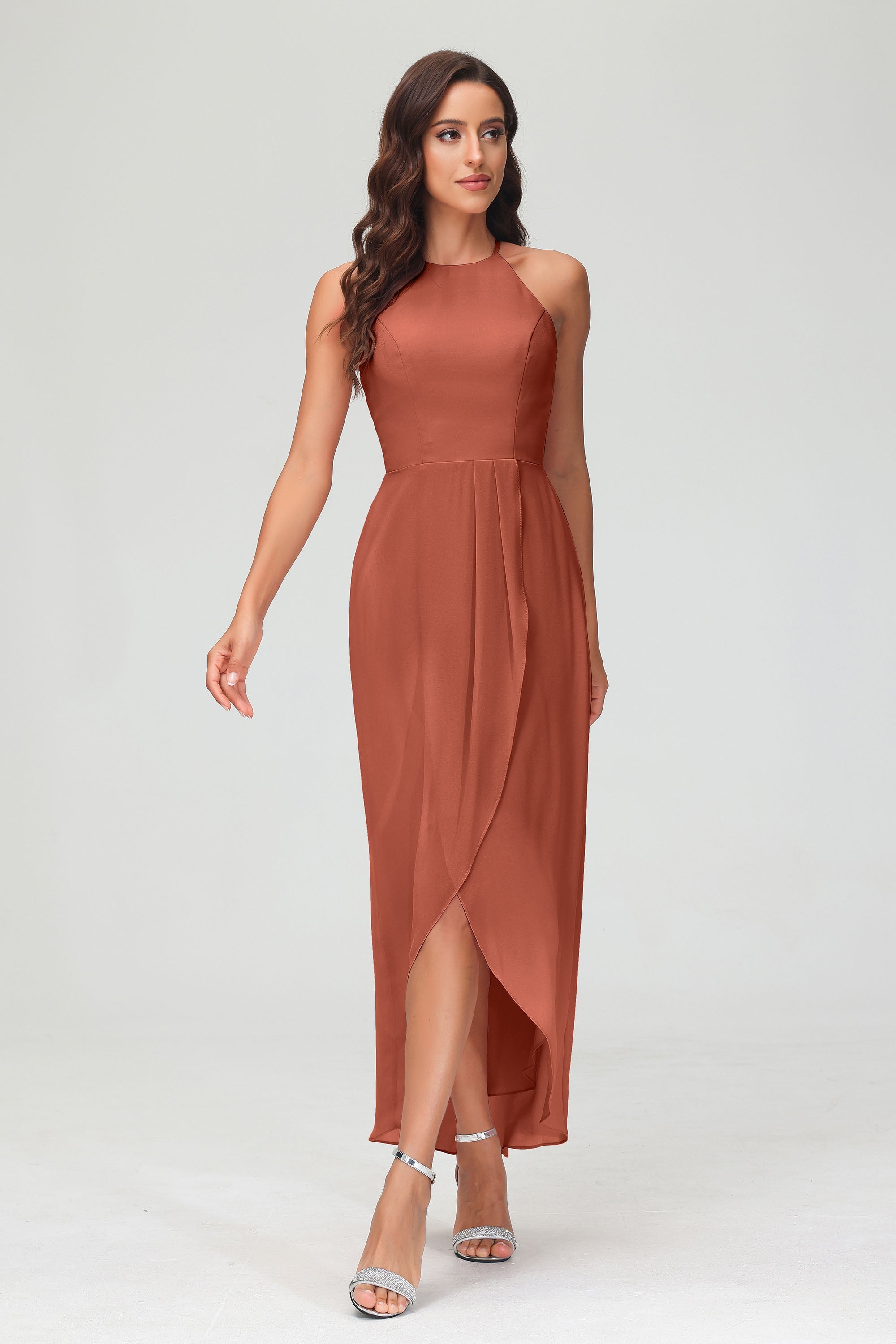 Simple Chiffon Asymmetrical Halter Wedding Party Dress Formal Evening Dresses Gowns