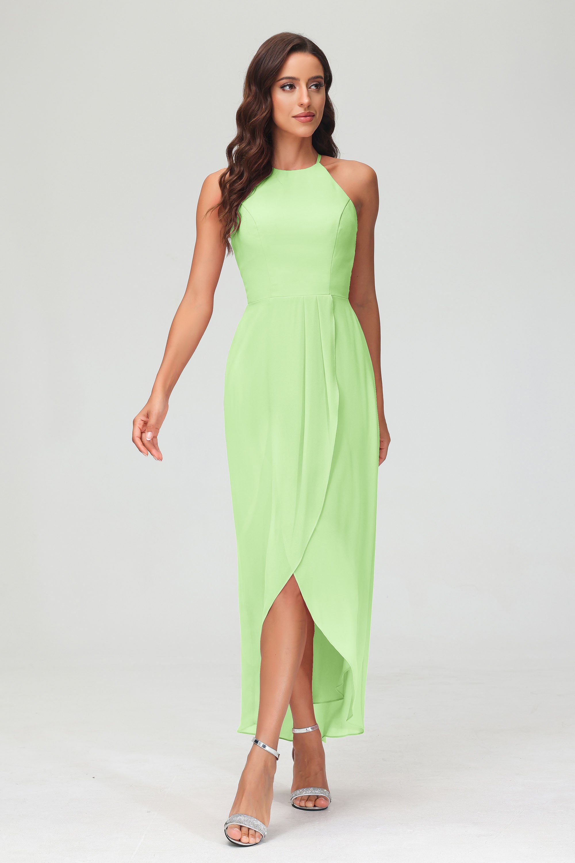 Simple Chiffon Asymmetrical Halter Wedding Party Dress Formal Evening Dresses Gowns