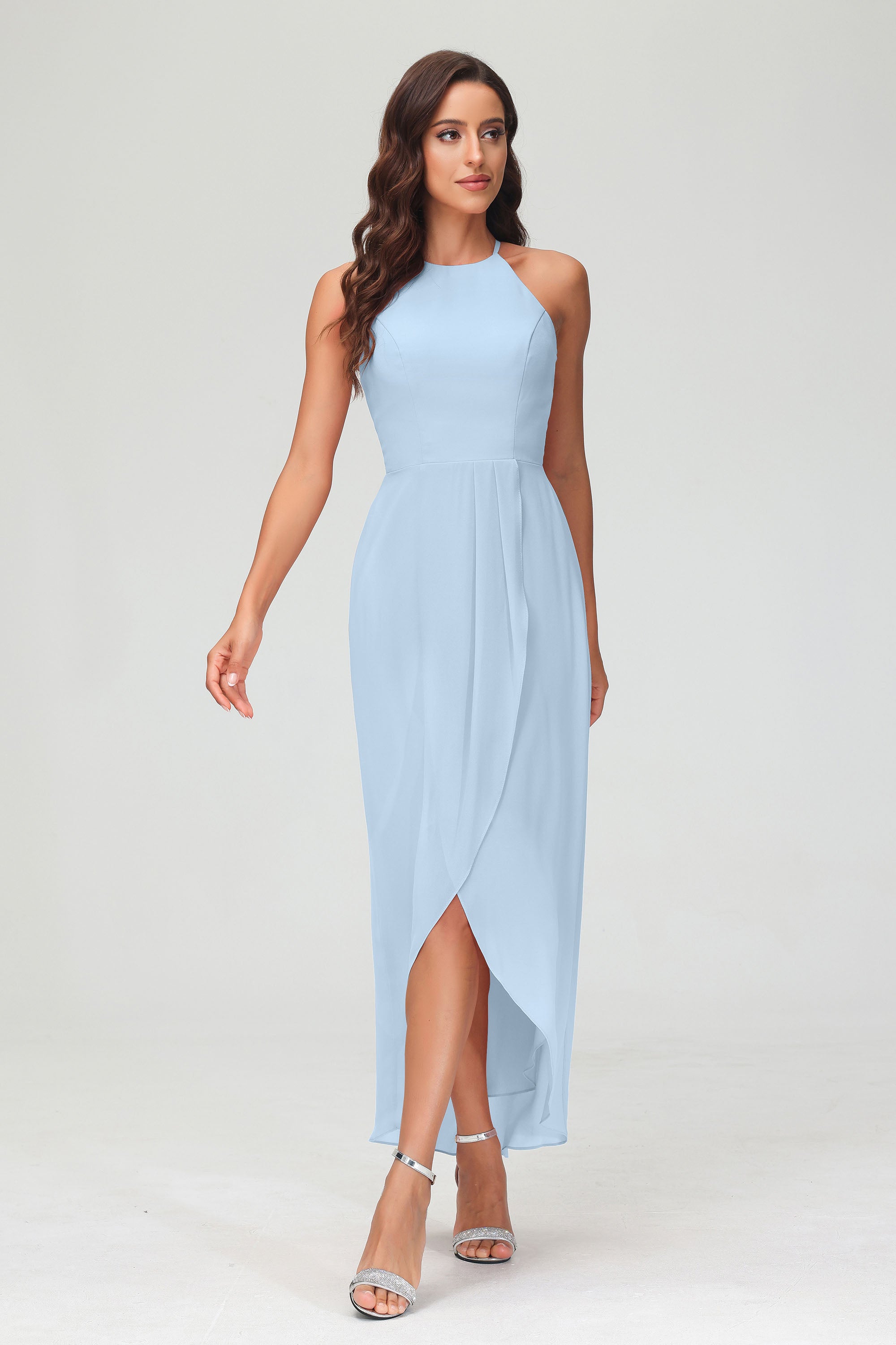 Simple Chiffon Asymmetrical Halter Wedding Party Dress Formal Evening Dresses Gowns