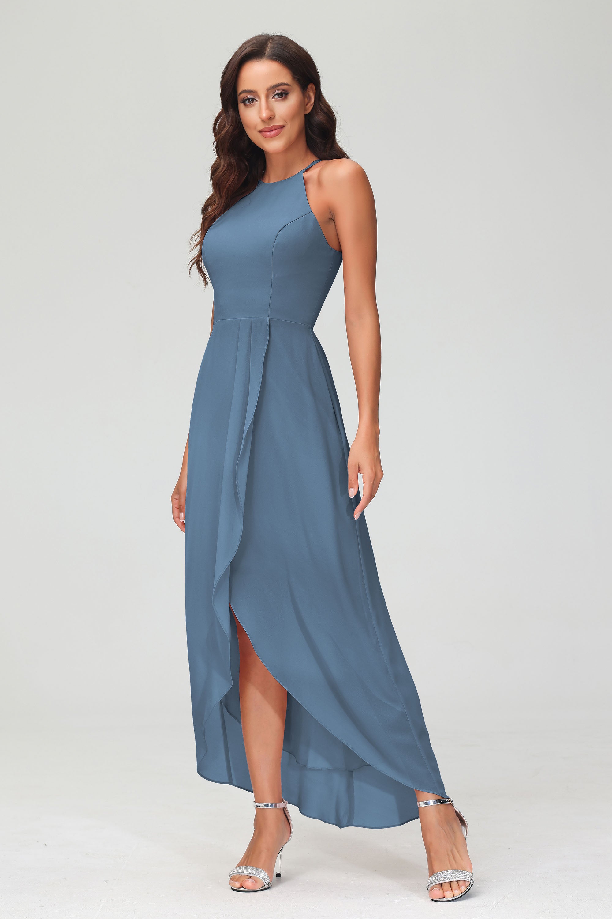 Simple Chiffon Asymmetrical Halter Wedding Party Dress Formal Evening Dresses Gowns