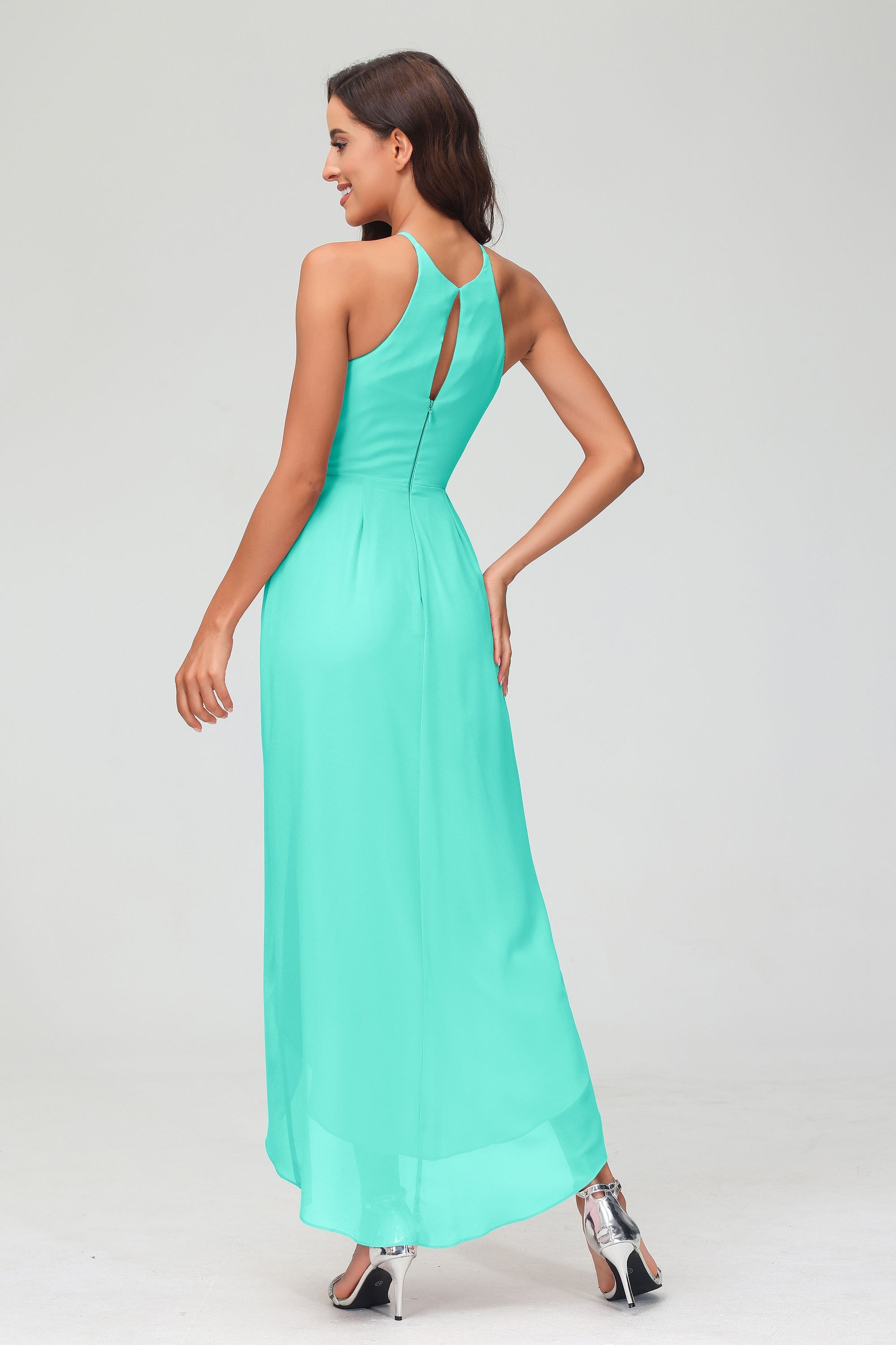 Simple Chiffon Asymmetrical Halter Wedding Party Dress Formal Evening Dresses Gowns
