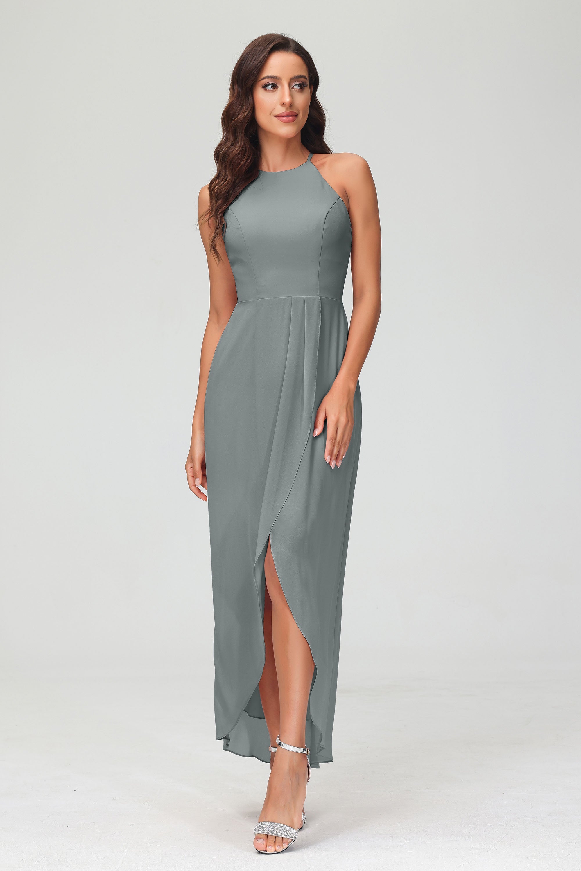 Simple Chiffon Asymmetrical Halter Wedding Party Dress Formal Evening Dresses Gowns