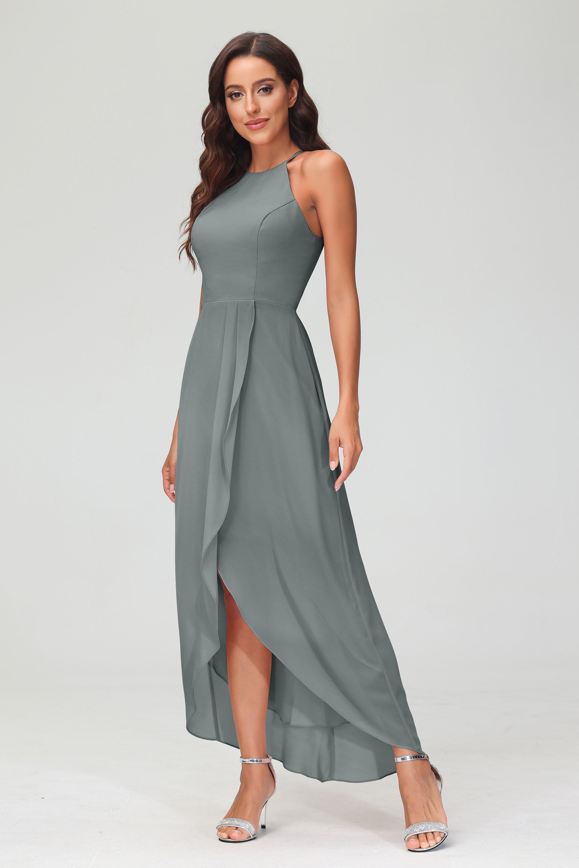 Simple Chiffon Asymmetrical Halter Wedding Party Dress Formal Evening Dresses Gowns