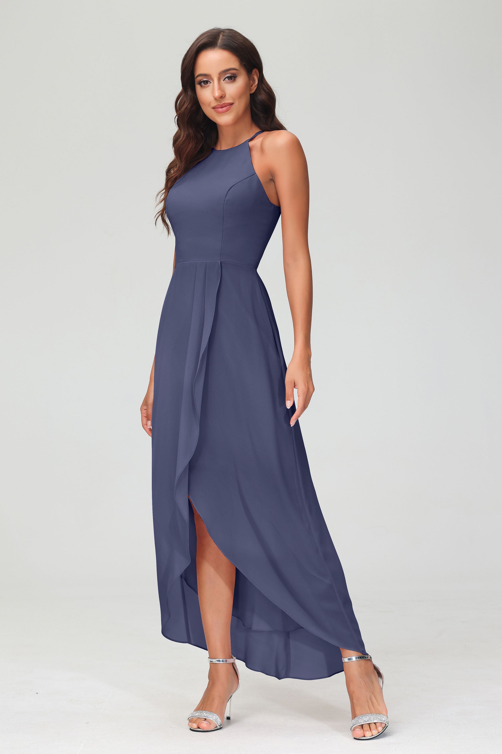 Simple Chiffon Asymmetrical Halter Wedding Party Dress Formal Evening Dresses Gowns