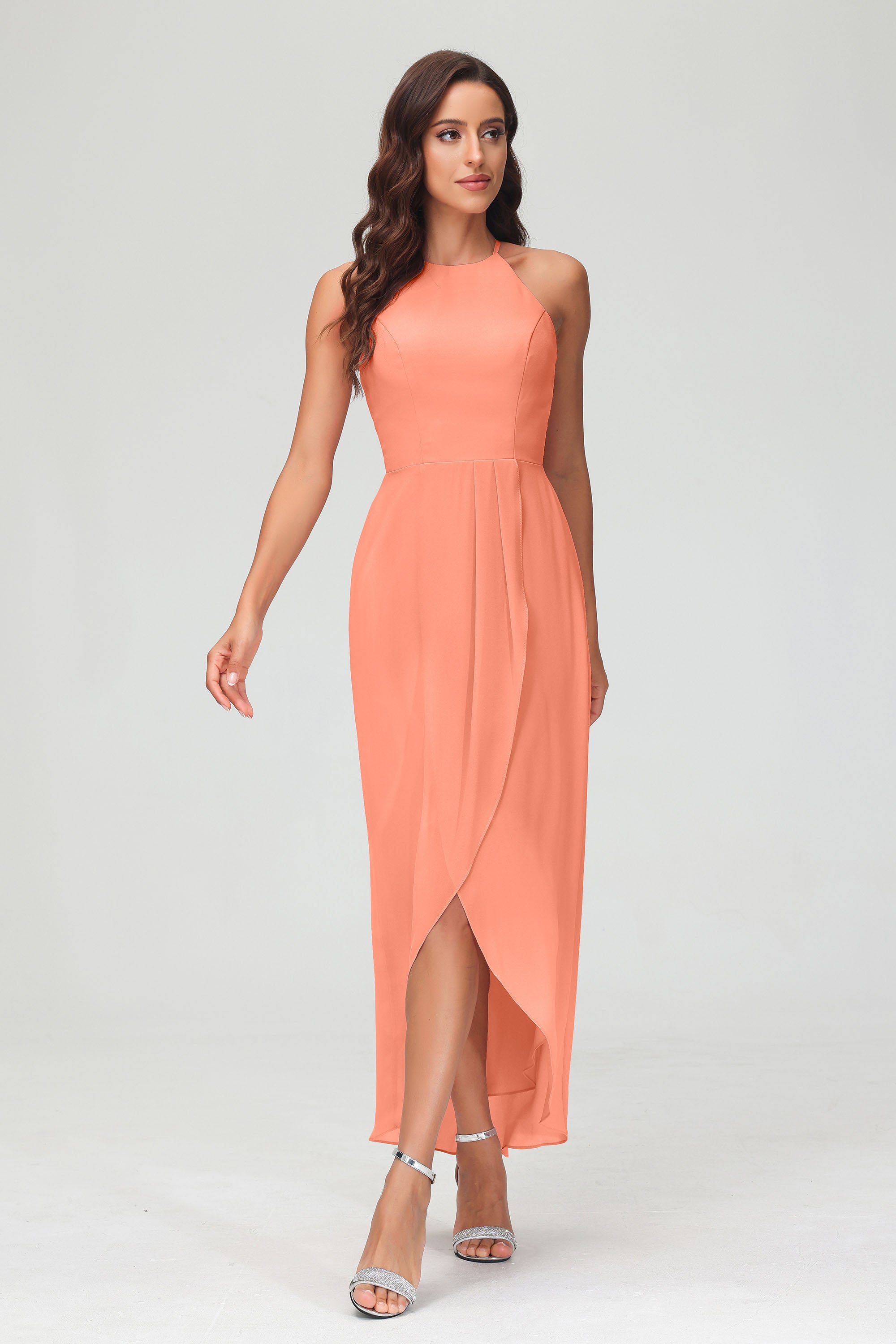 Simple Chiffon Asymmetrical Halter Wedding Party Dress Formal Evening Dresses Gowns