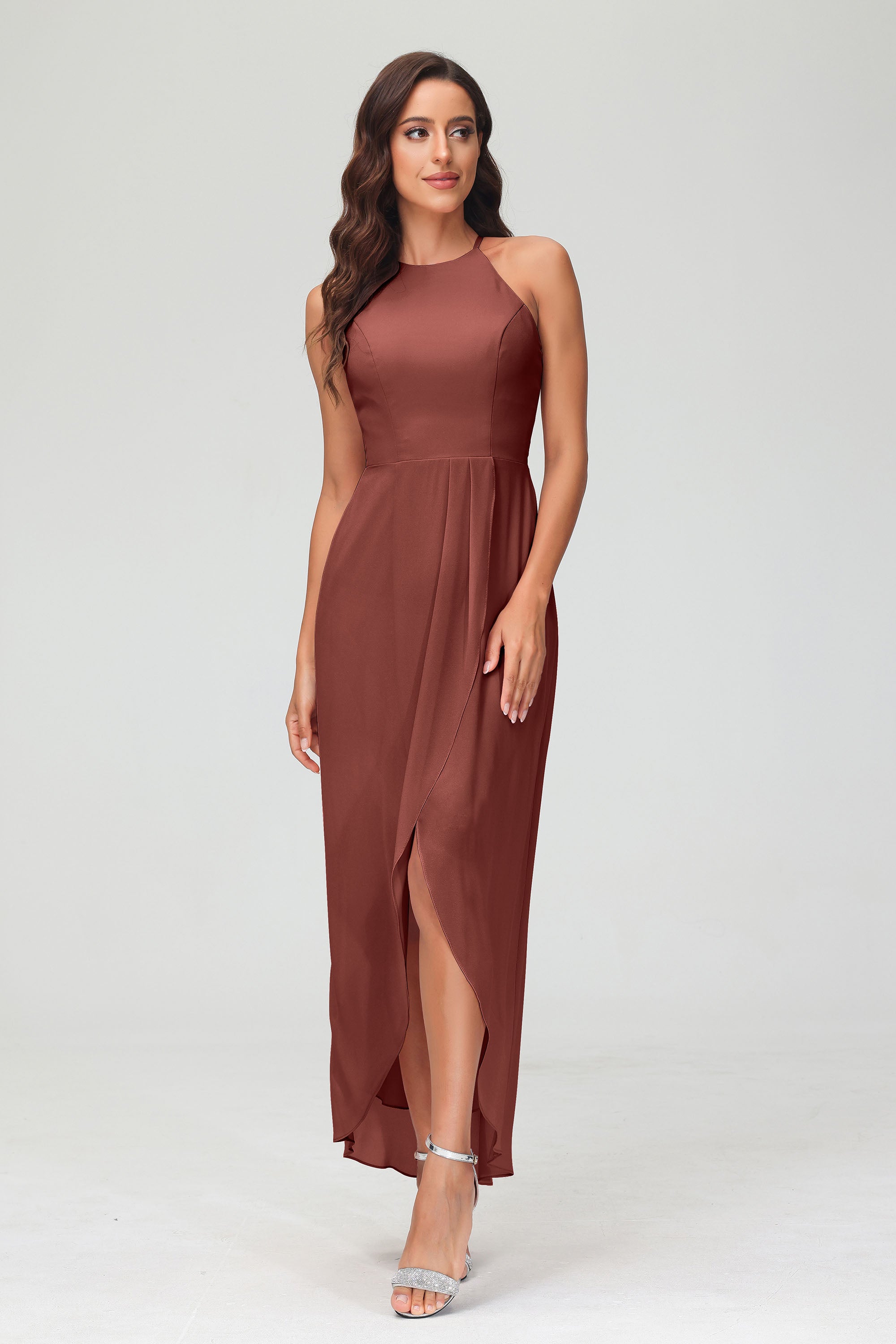Simple Chiffon Asymmetrical Halter Wedding Party Dress Formal Evening Dresses Gowns