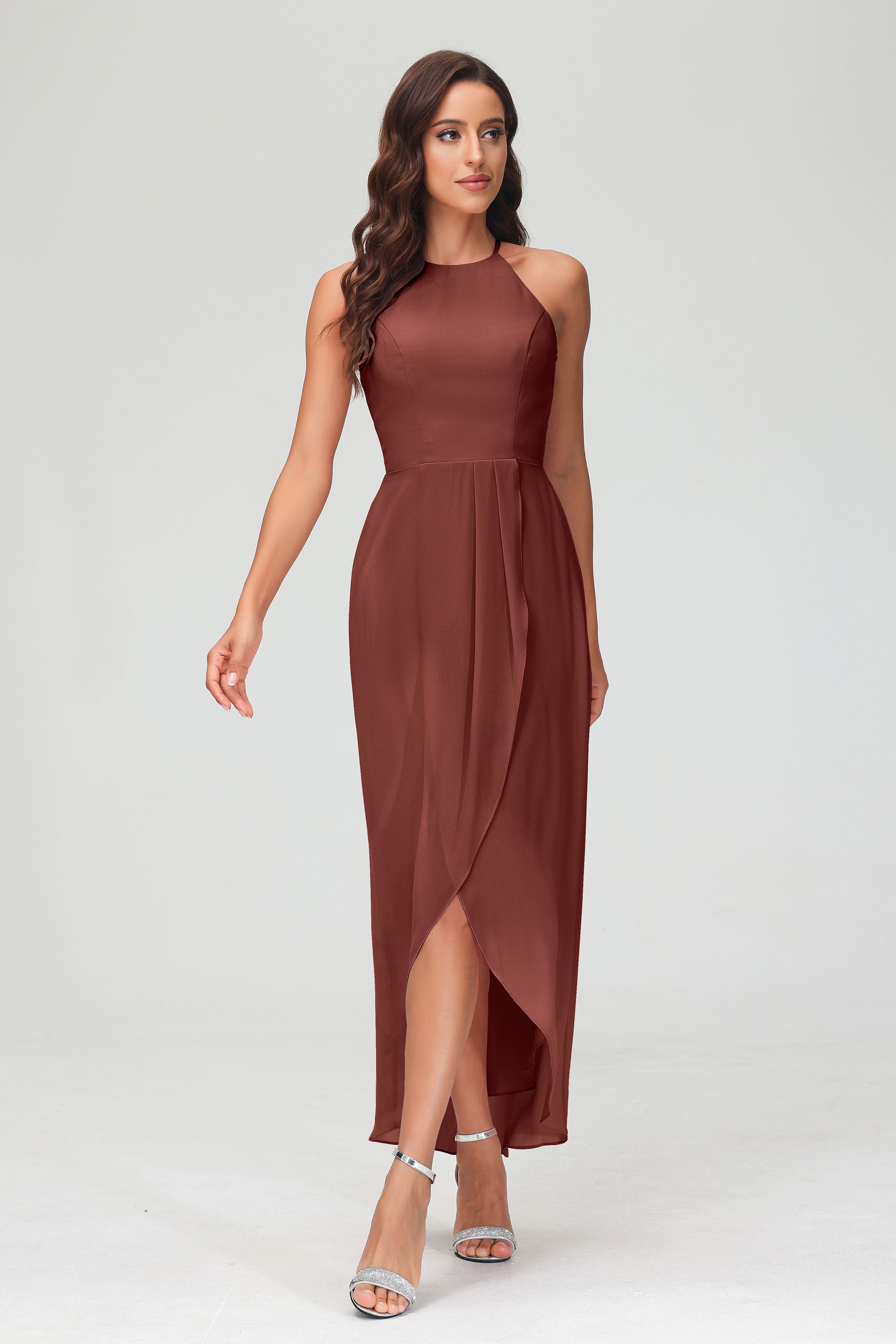 Simple Chiffon Asymmetrical Halter Wedding Party Dress Formal Evening Dresses Gowns