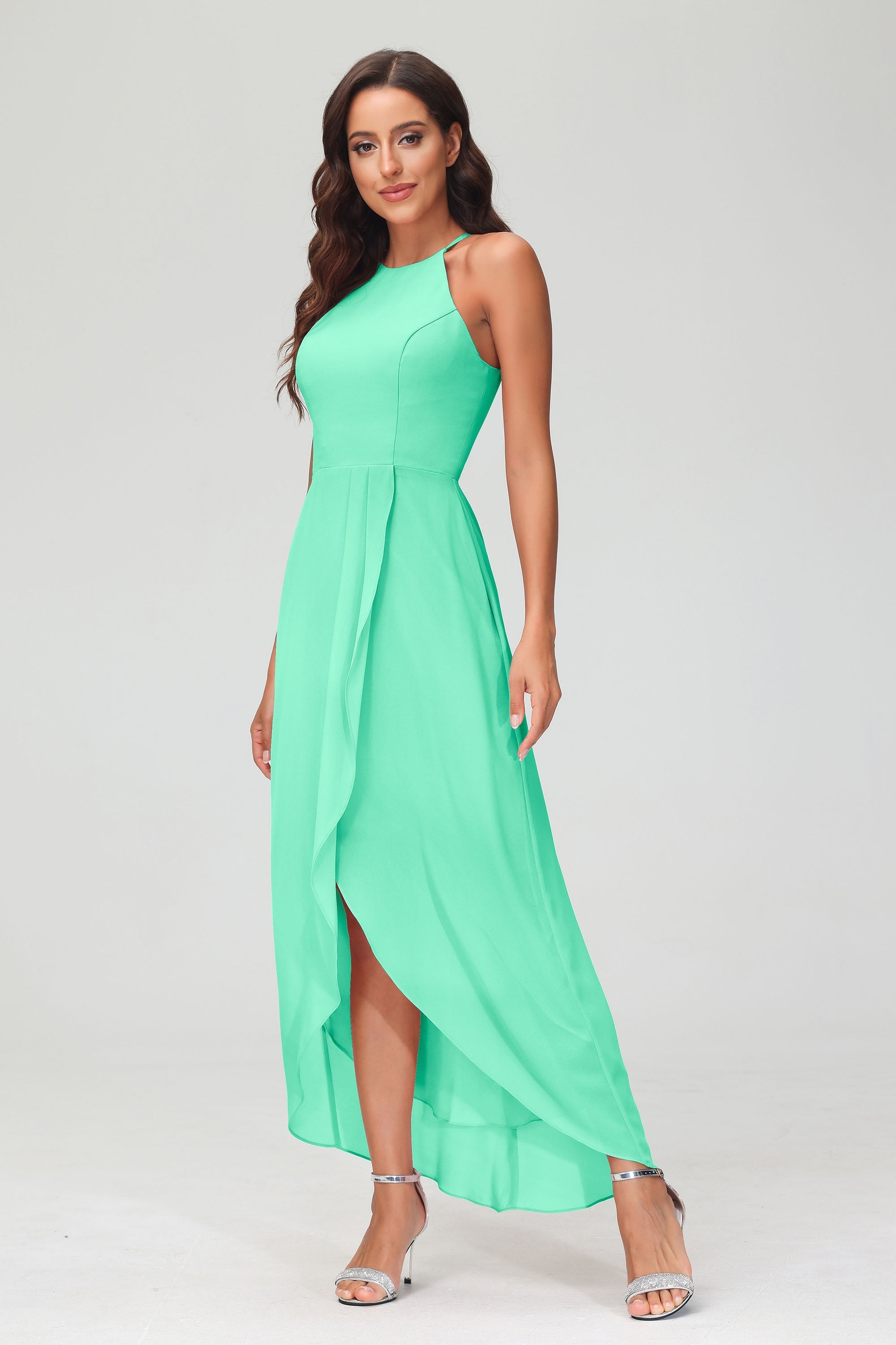 Simple Chiffon Asymmetrical Halter Wedding Party Dress Formal Evening Dresses Gowns
