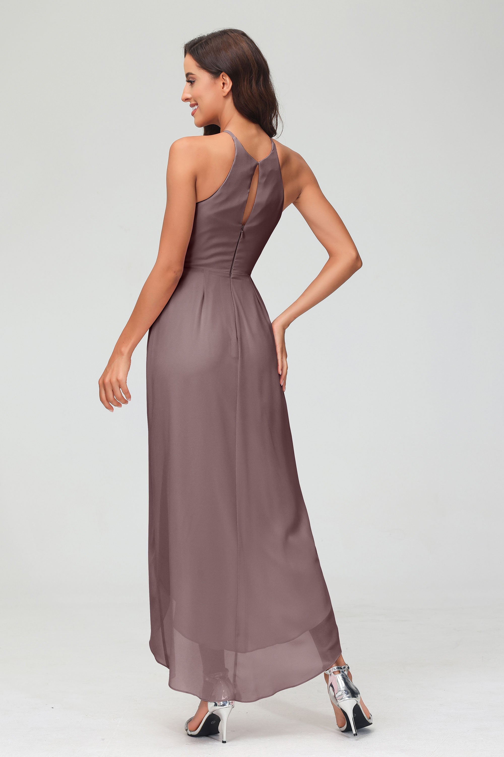 Simple Chiffon Asymmetrical Halter Wedding Party Dress Formal Evening Dresses Gowns