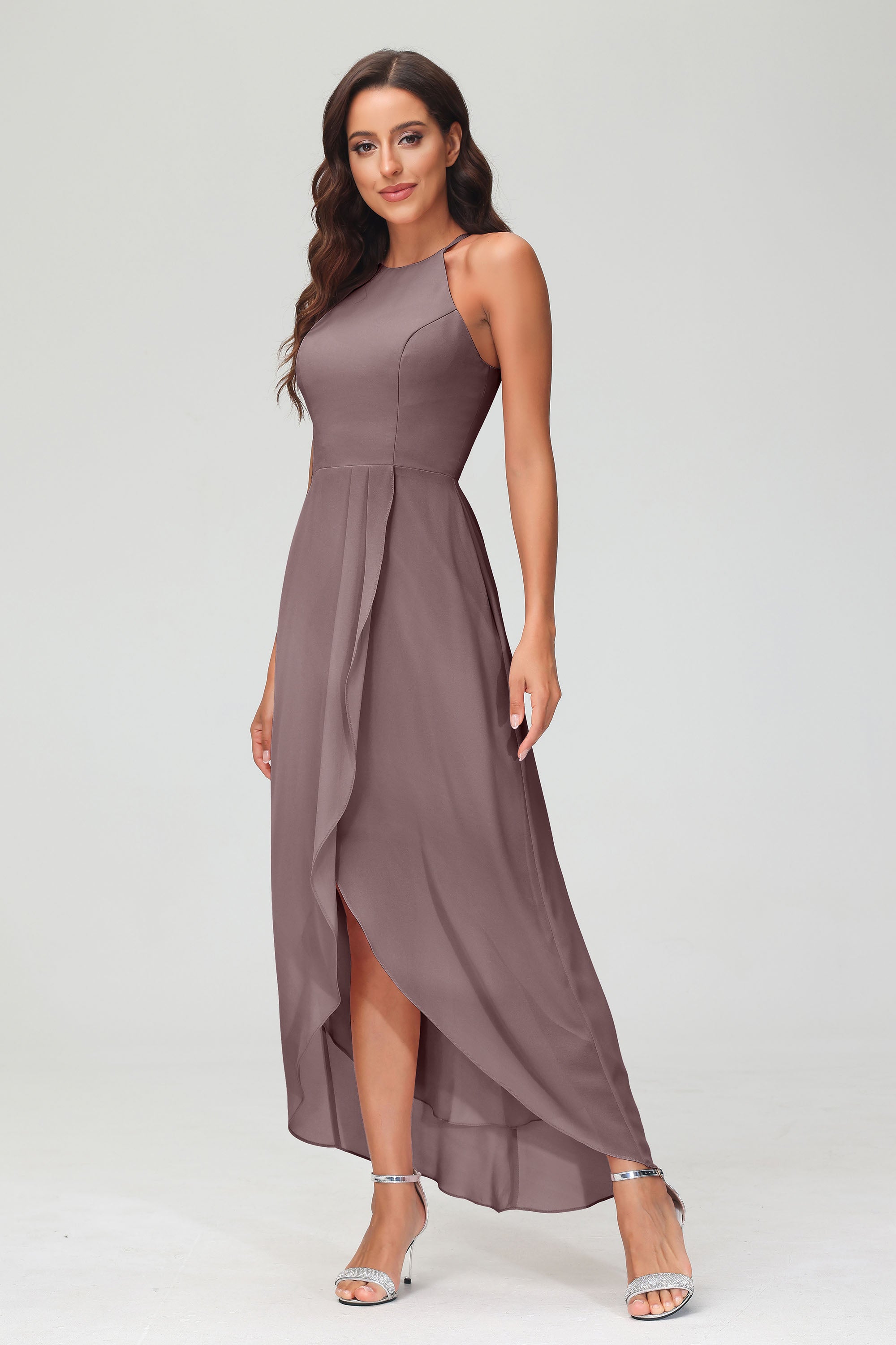 Simple Chiffon Asymmetrical Halter Wedding Party Dress Formal Evening Dresses Gowns