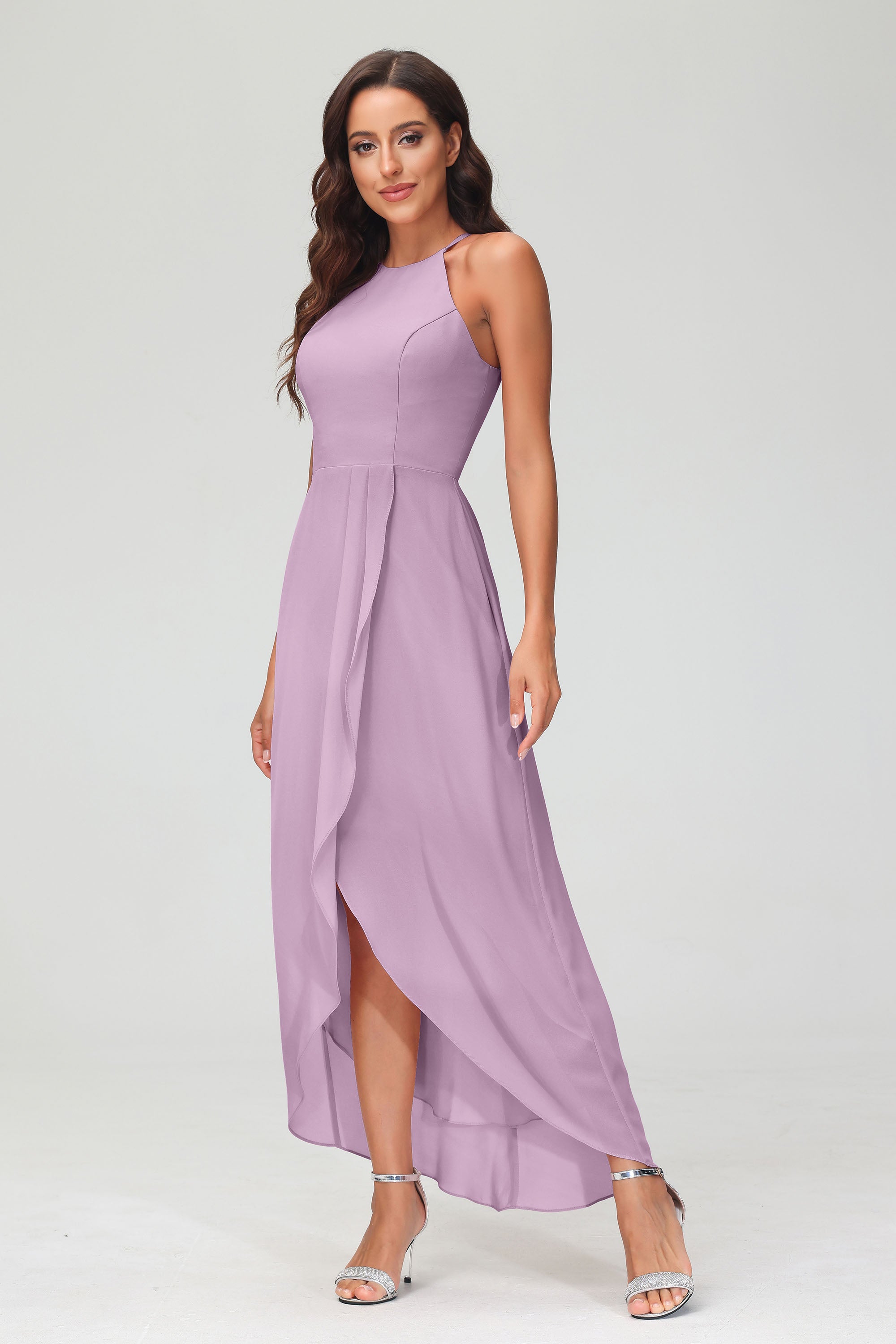 Simple Chiffon Asymmetrical Halter Wedding Party Dress Formal Evening Dresses Gowns