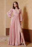 Plunging V Neck Formal Evening Dresses with Long Sleeves Mother of the Bride Dress Gowns