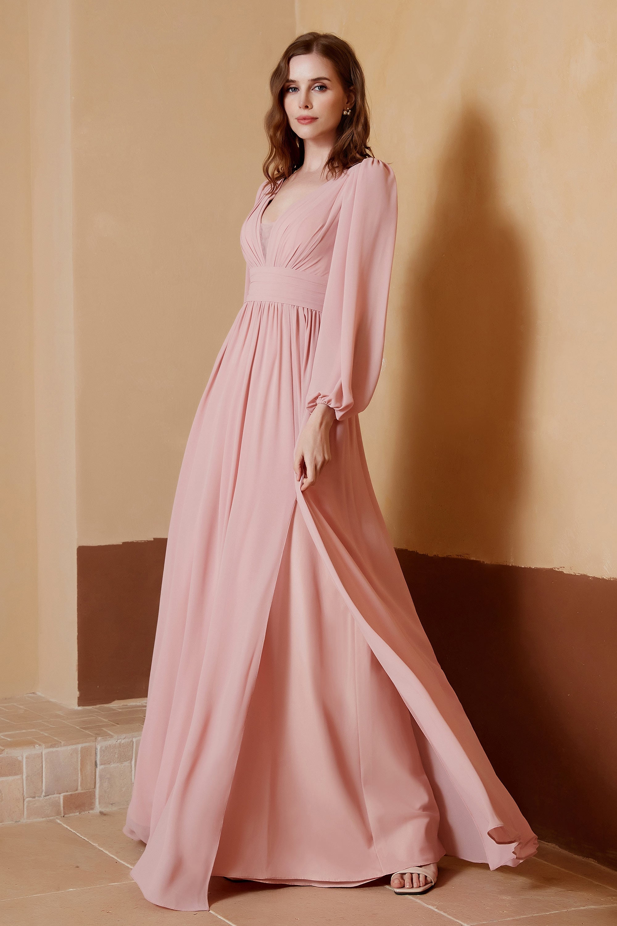 Plunging V Neck Formal Evening Dresses with Long Sleeves Mother of the Bride Dress Gowns