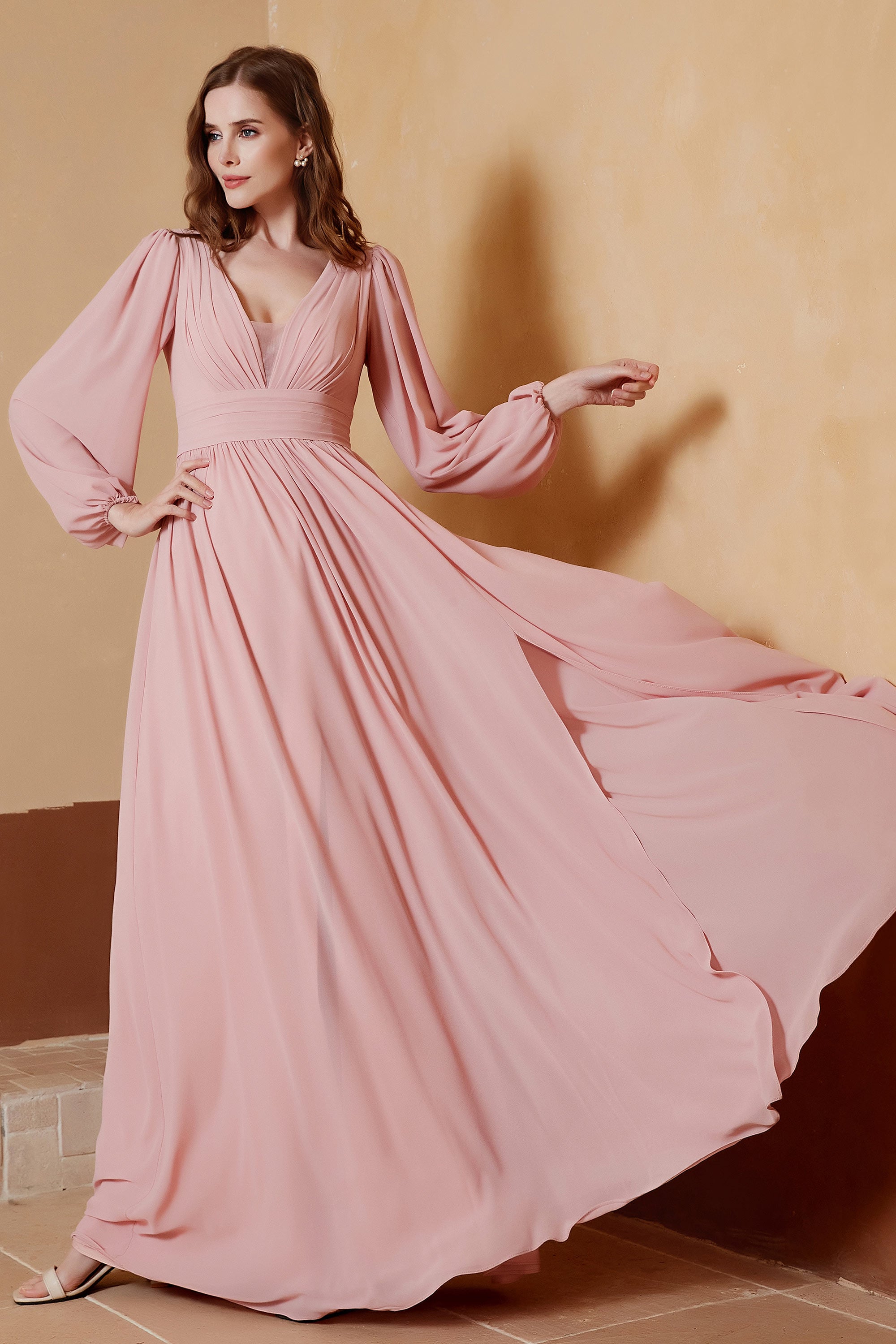 Plunging V Neck Formal Evening Dresses with Long Sleeves Mother of the Bride Dress Gowns