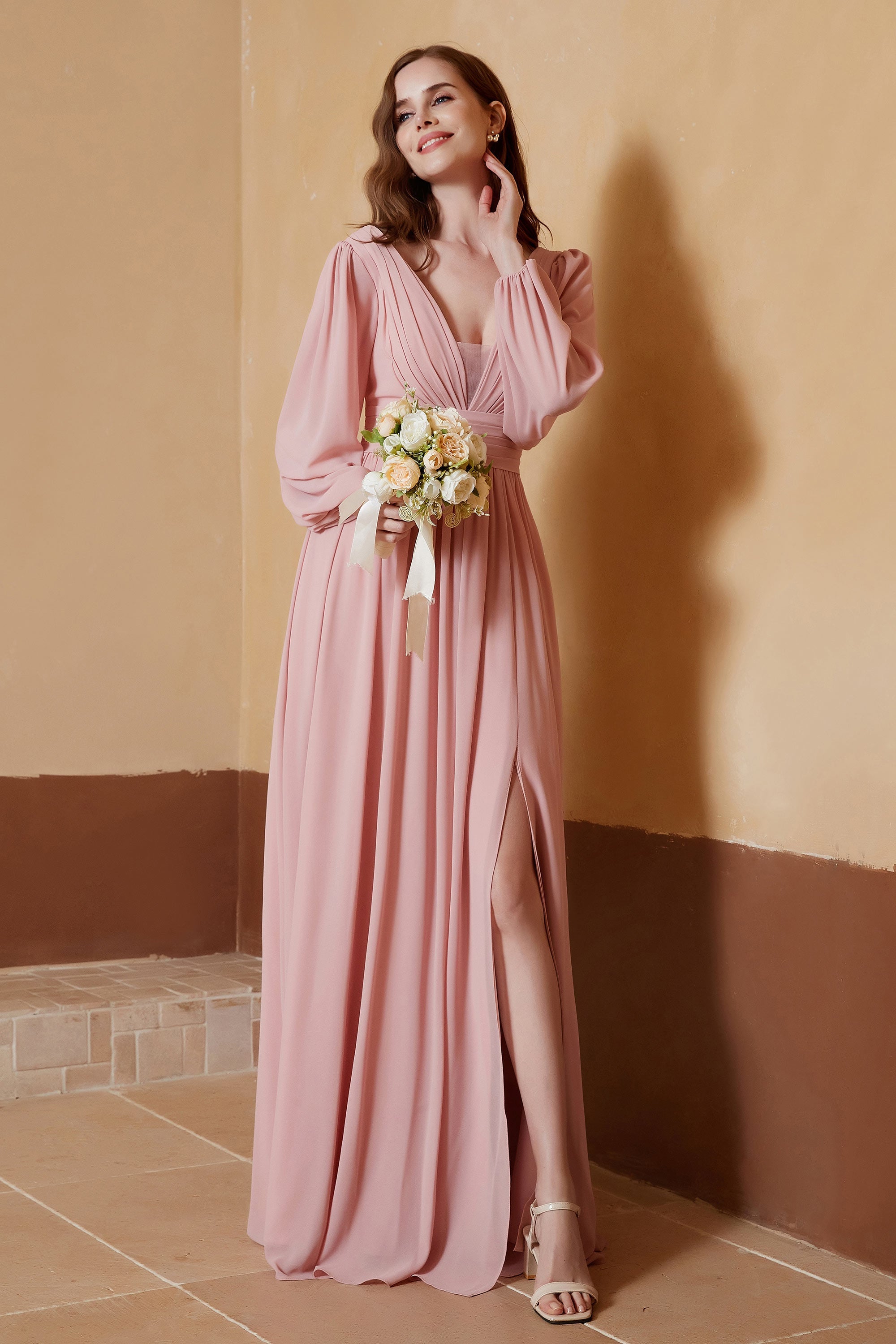 Plunging V Neck Formal Evening Dresses with Long Sleeves Mother of the Bride Dress Gowns